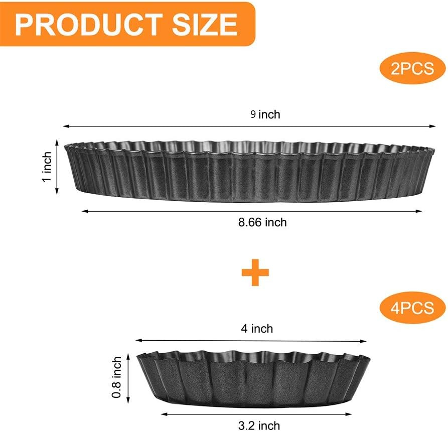 TORASO 9 Inch and 4 Inch Tart Pan with Removable Bottom, 2 PCS 9 Inch Quiche Pan and 4 PCS 4 Inch Pie Pan, Non-Stick Baking Pan (Set of 6)
