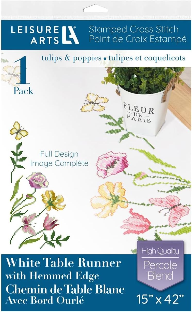 Leisure Arts Table Runner 15"X42" Tulips & Poppies, Kitchen Table Runner, Embroidery Kit, Kitchen Runner, Cross Stitch Kits For Beginners, Embroidery Patterns, Fabric