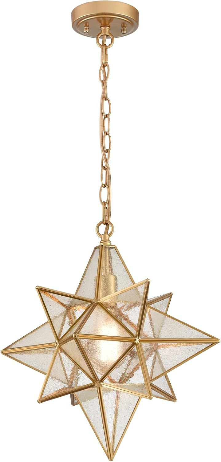 Moravian Star Pendant Chandelier Seeded Glass Gold Light 15 Inches