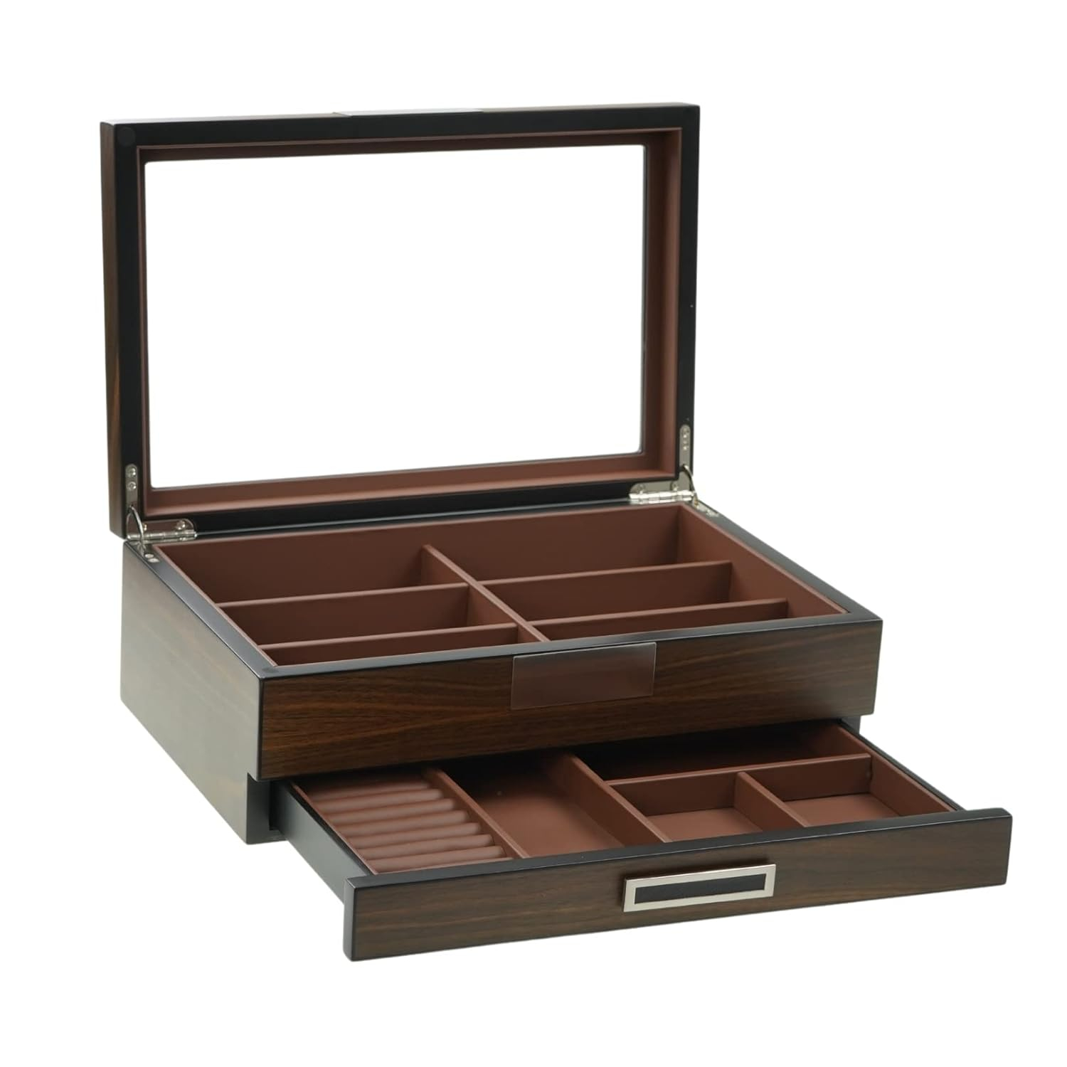 Multi-Purpose Drawer, Sunglasses and Jewelry Box Wooden Storage Organizer with Saddle Brown Leather (Coffee Lover)