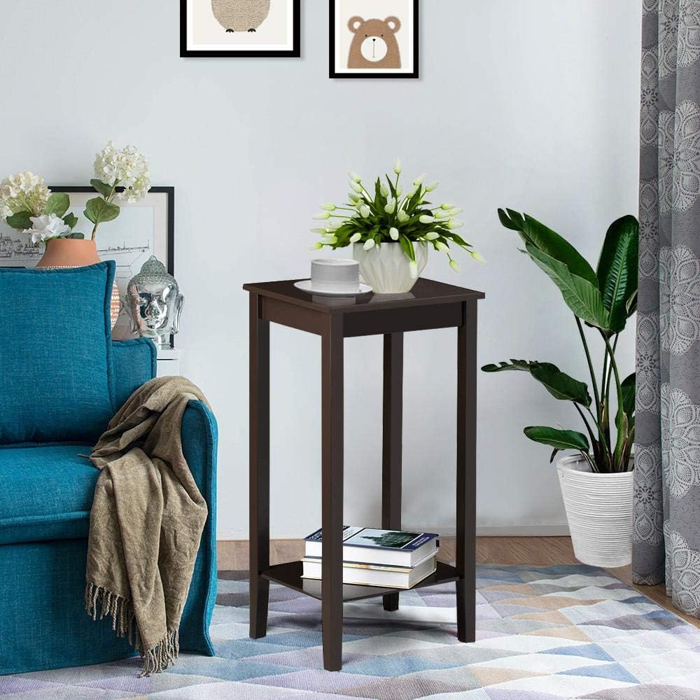 Drevy 2-Tier Tall End Table with Storage Shelf and Solid Wood Legs, Sofa Side Table Telephone Table for Living Room/Couch/Hallway/Small Spaces, D12xW15xH29 Inches, Dark Coffee