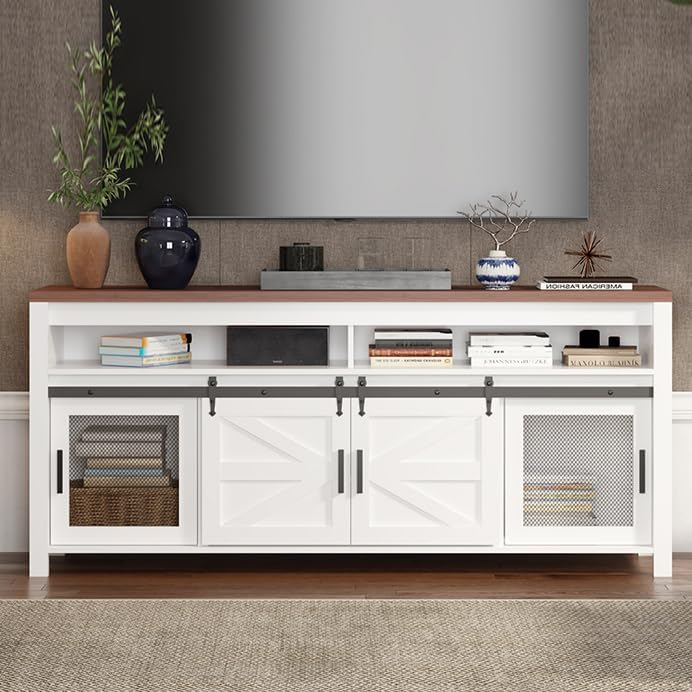 White and Brown Wood Farmhouse TV Stand with Sliding Barn Doors