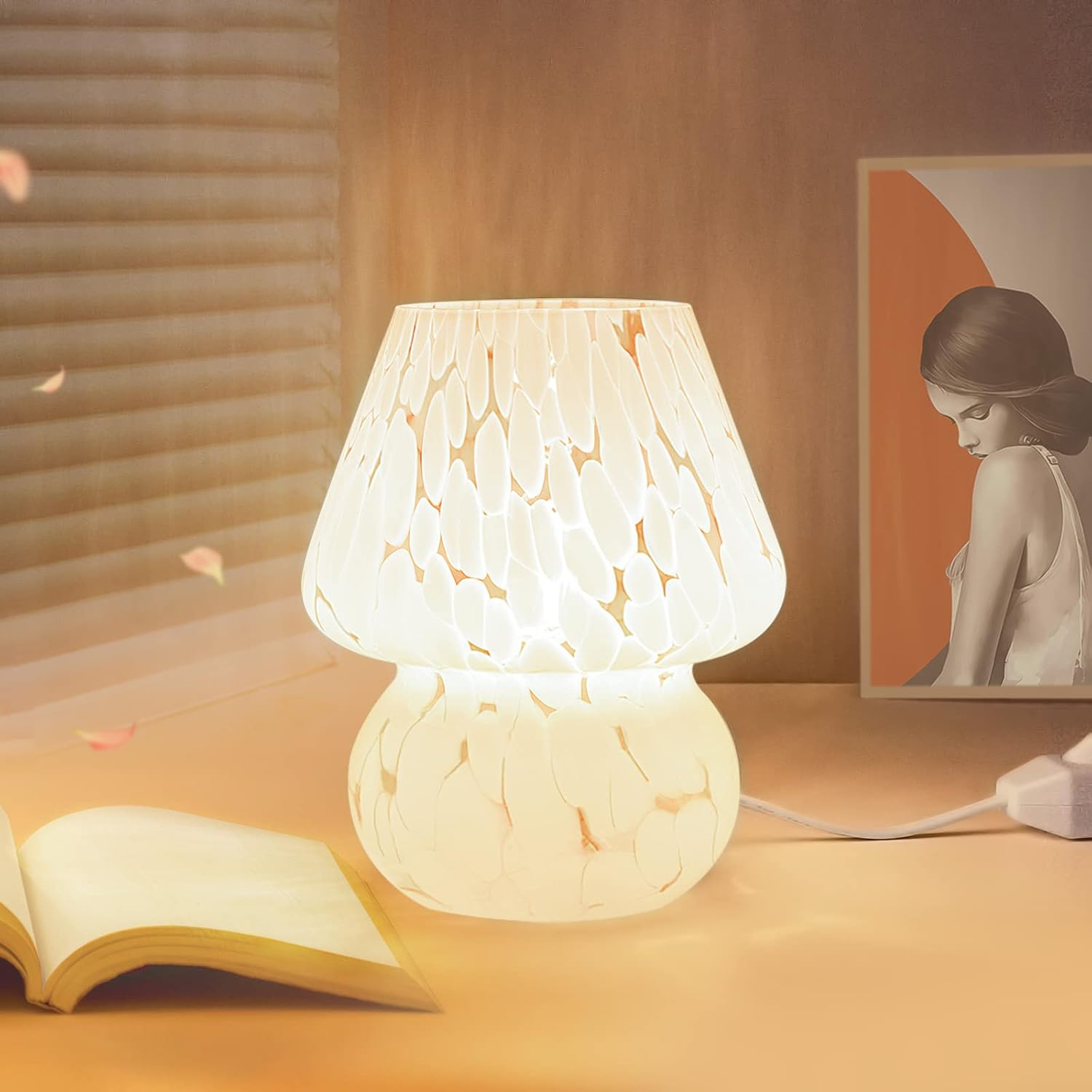 Mushroom Table Lamps Set of 2, Dimmable Glass Bedside Lamp, Cute Small Nightstand Lamp for Living Room, Bedroom, Home Decor, 7.1'' H, White