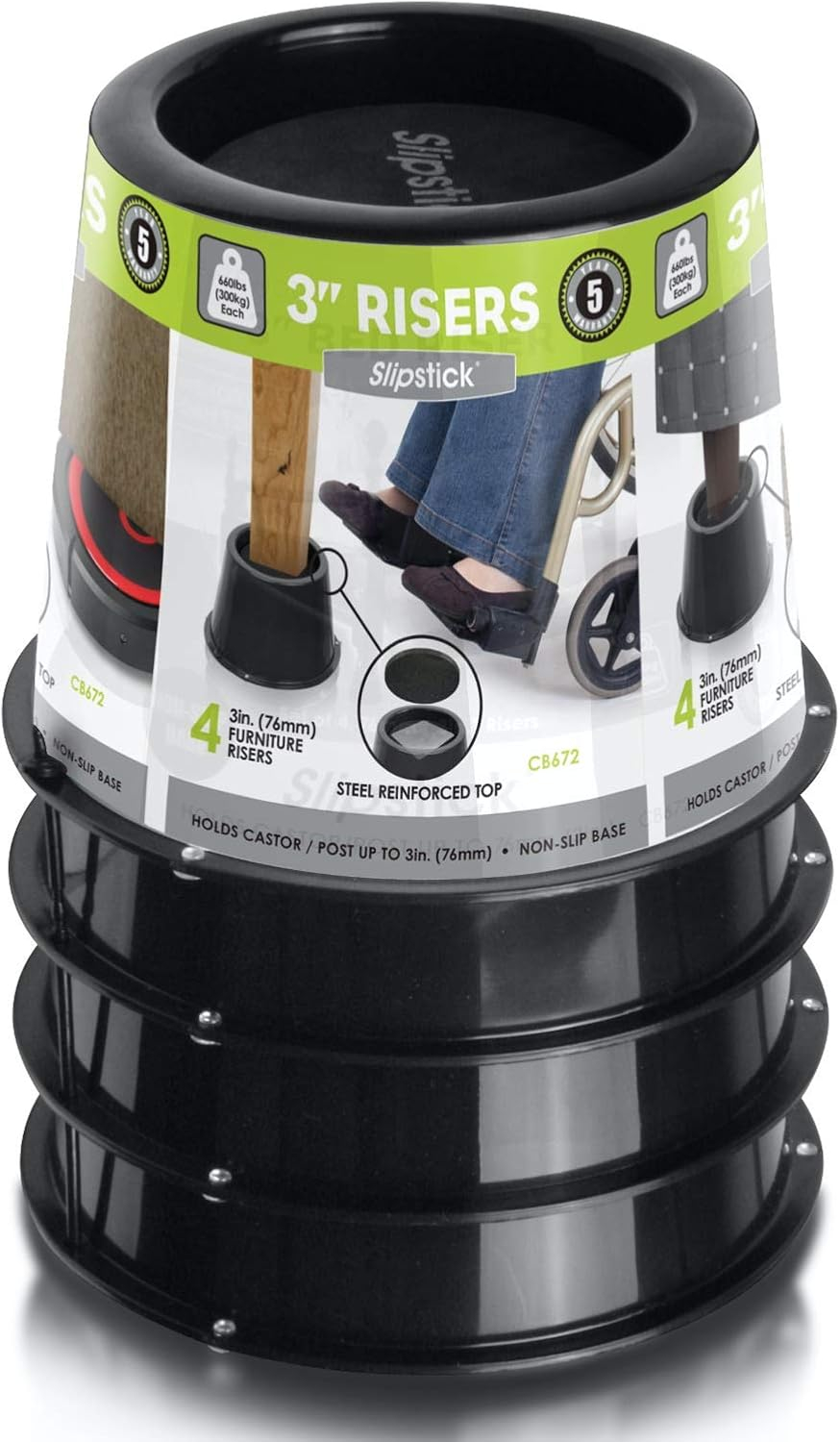 Slipstick CB672 3 Inch Bed Risers/Furniture Raisers with Steel Reinforced Holder Top, Lifts Height 3" (4 Pack)