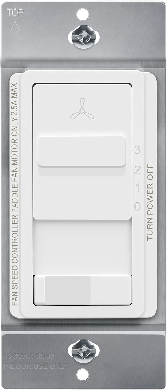 TOPGREENER Kalide 3-Speed Ceiling Fan Control Combo, in Wall Light and Fan Combination Switch, Single Pole, 2.5A, 720W, Neutral Wire Not Required, TGSFS3-W, White