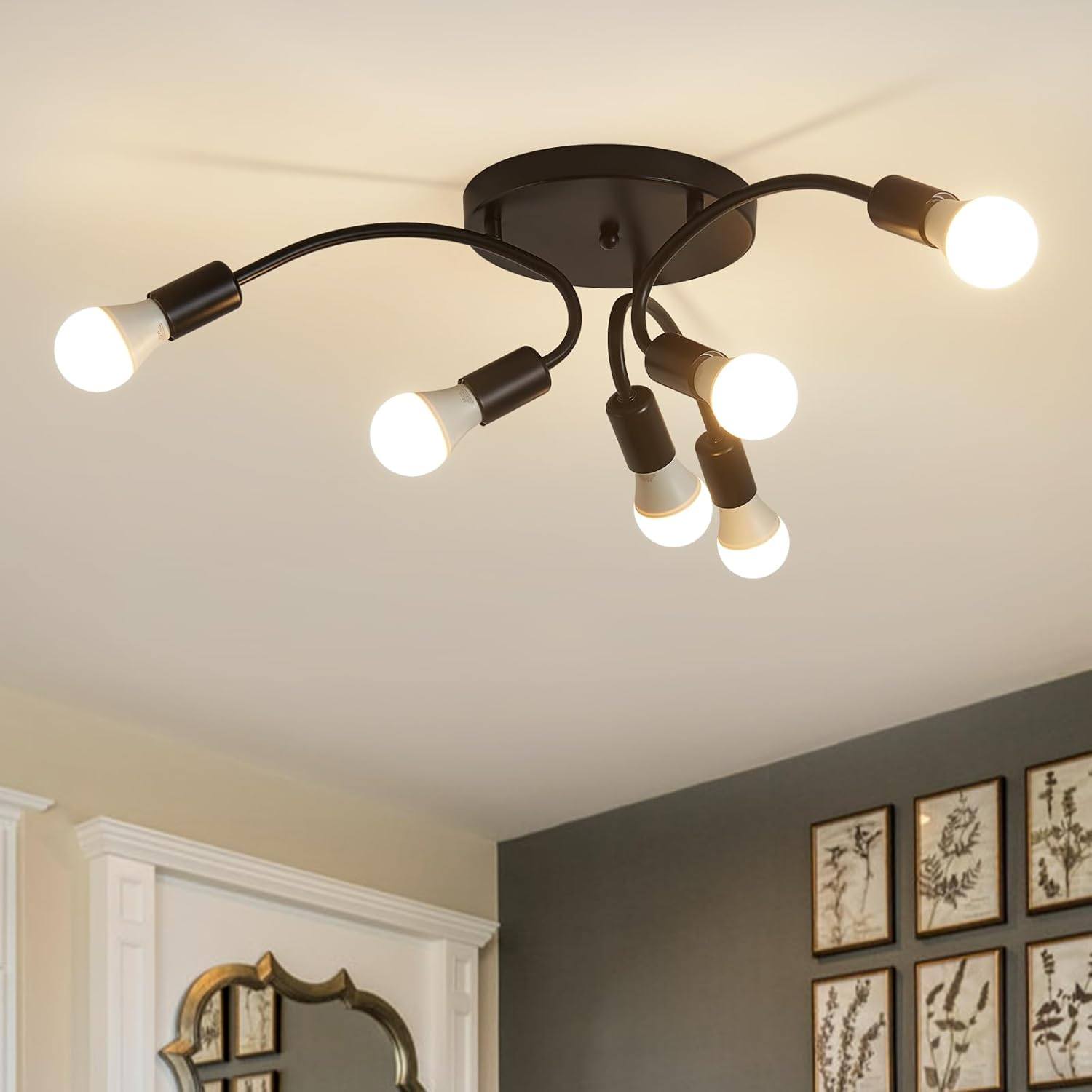 Modern Sputnik Chandeliers, 6-Light Ceiling Light Fixture for Bedroom, Kitchen, Dining Room, Living Room, Black with E26 Bulb Base