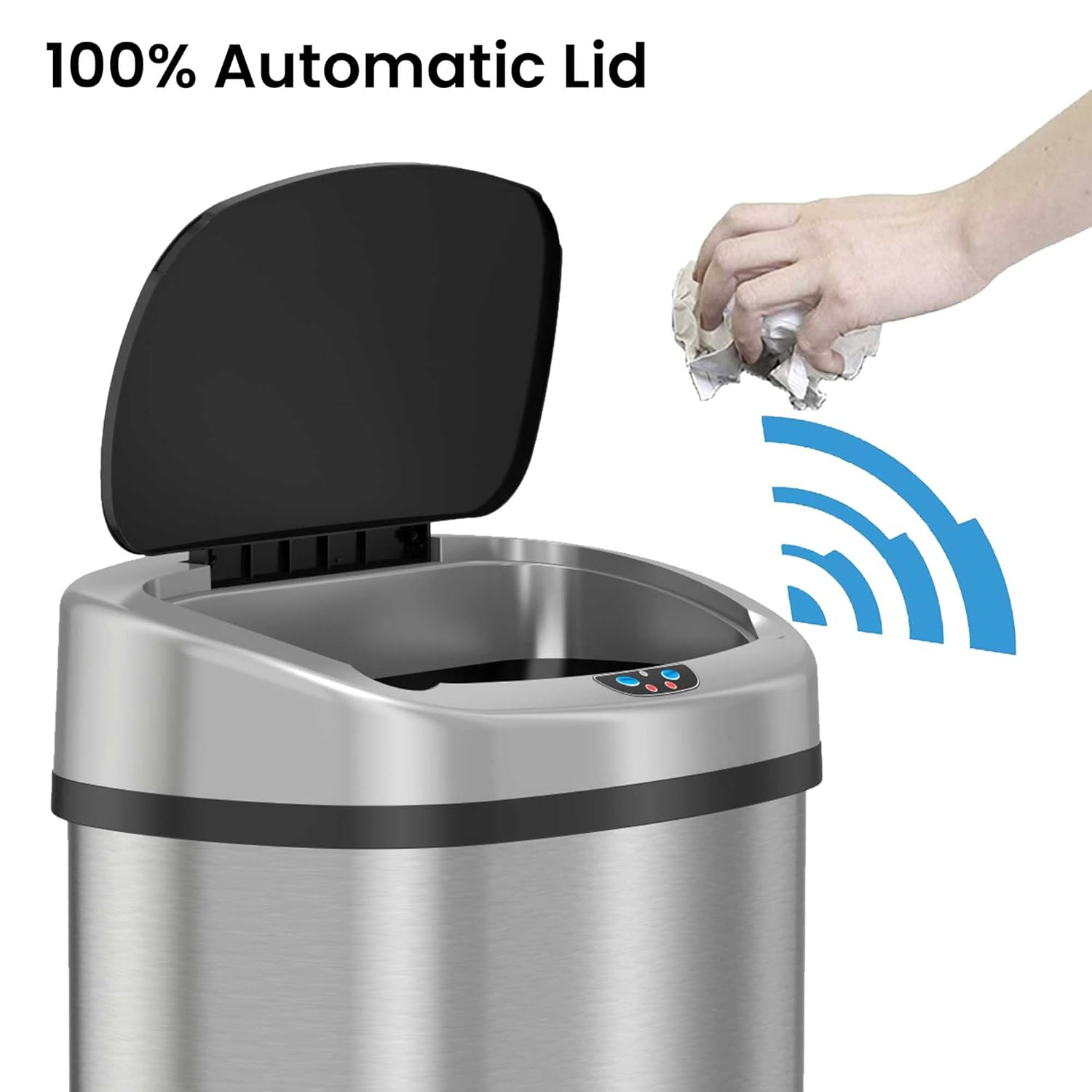 13 Gallon Kitchen Trash Can with Lid and Odor Filter, AC Adapter Included, Motion Sensor Stainless Steel Oval Garbage Bin for Home Office Work Bedroom Living Room Slim Wastebasket