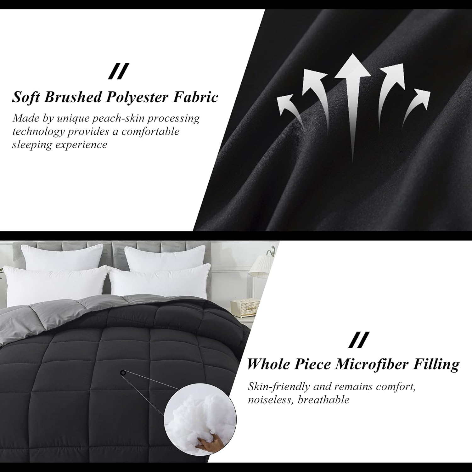 ELNIDO QUEEN® All-Season Reversible Down Alternative Quilted Comforter- Corner Duvet Tabs-Machine Washable-Duvet Insert or Stand – Alone Lightweight Comforter- Black/Gray -Twin Size(64×88 Inch)