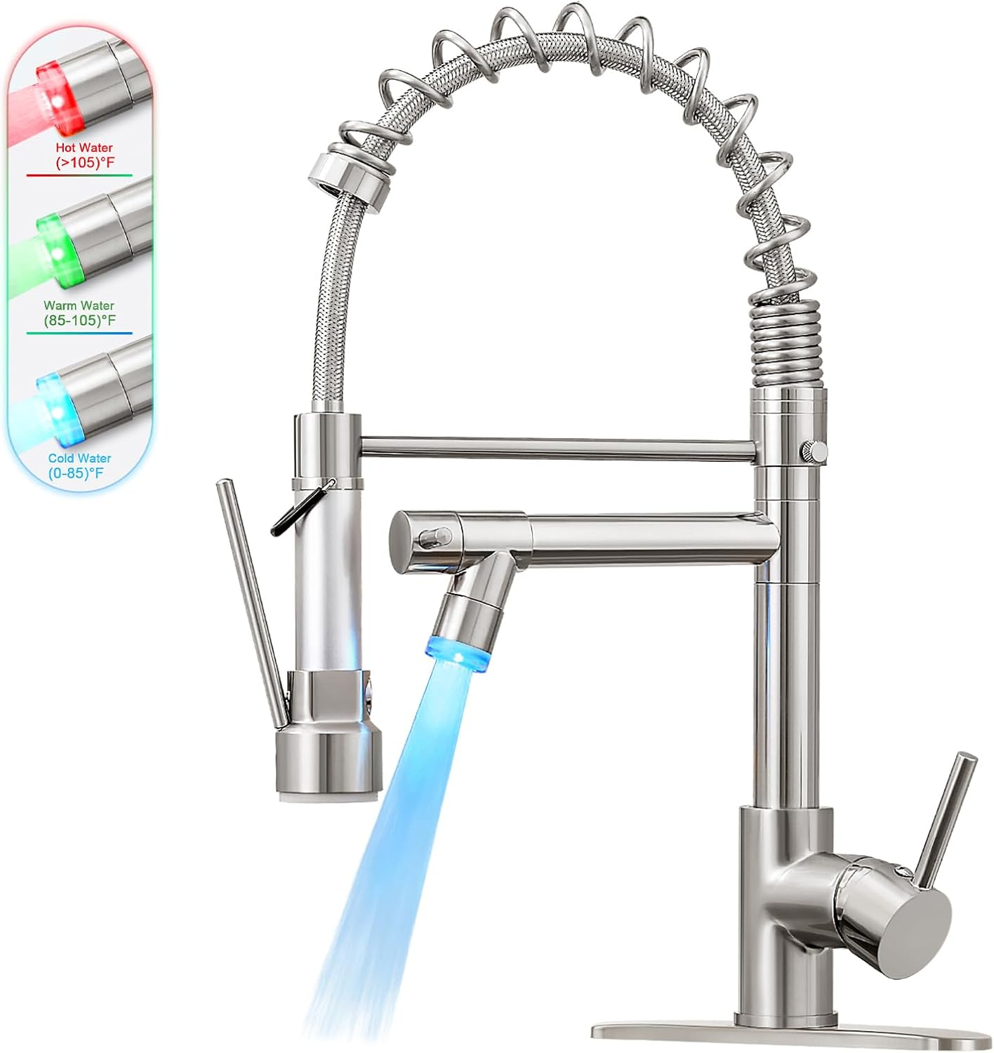 Qomolangma Commercial LED Kitchen Sink Faucet with Pull Down Sprayer, Modern Single Handle Kitchen Faucets with Light, Brushed Nickel