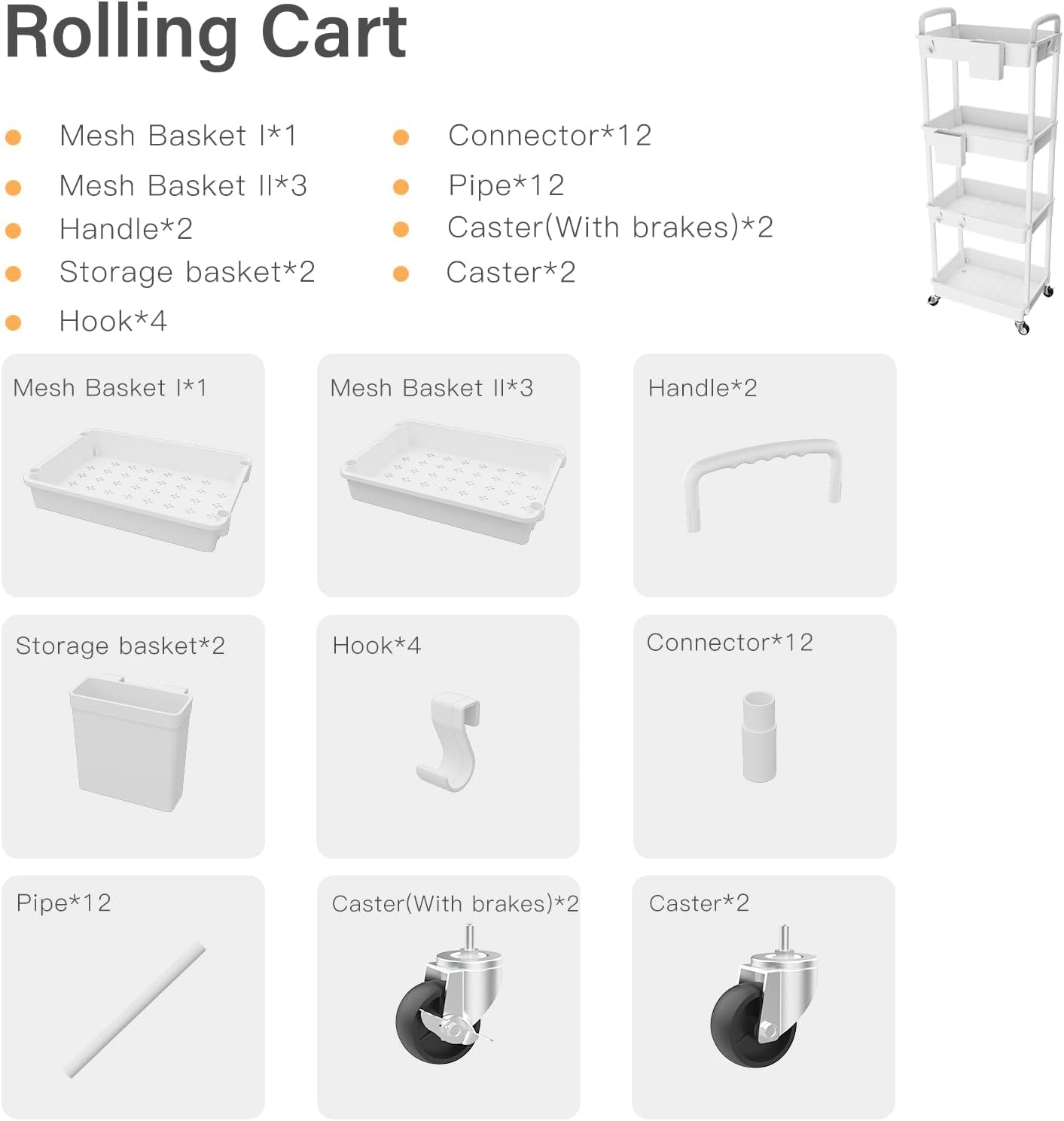 4 Tier Rolling Utility Cart with Handle,REBECAT Utility Cart Made of Multifunctional Storage Organizer Tool for Kitchen,Bathroom,Living Room,Office(White)