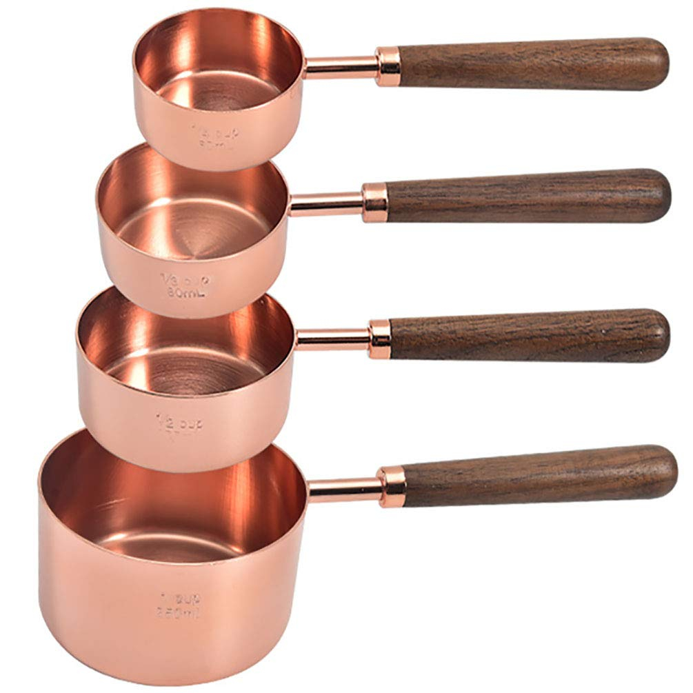 Set of 4 Stainless Steel Measuring Cups, Copper Plated Nesting Measuring Cup Set with Walnut Wood Handle for Dry and Liquid Ingredients (Cups Set: 1/4, 1/3, 1/2, 1 Cup)
