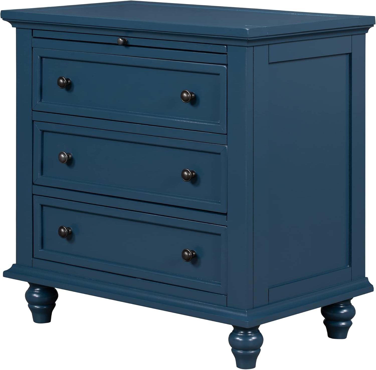 Knocbel 3-Drawer Nightstand with Pull-Out Tray, Wooden Bedside Night Stand Sofa Side End Table with Legs, 110lbs Weight Capacity, 28.1" H x 28" W x 16.9" D (Blue)