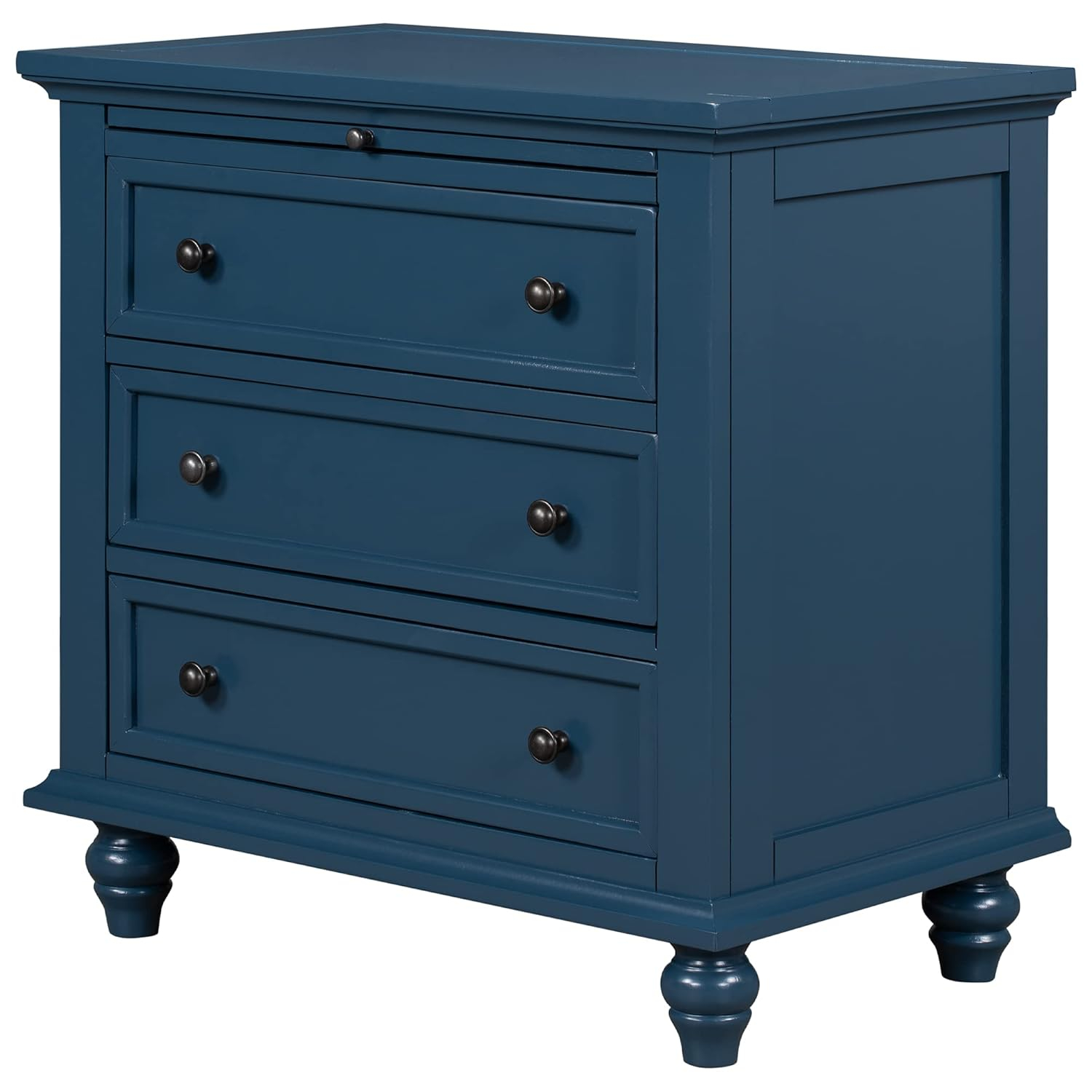 Knocbel 3-Drawer Nightstand with Pull-Out Tray, Wooden Bedside Night Stand Sofa Side End Table with Legs, 110lbs Weight Capacity, 28.1" H x 28" W x 16.9" D (Blue)