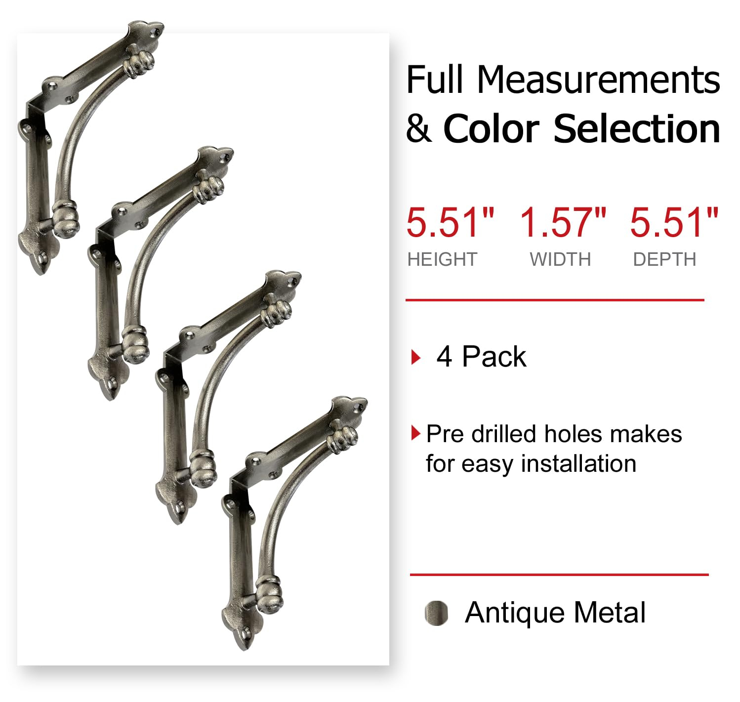 NACH Decorative Shelf Brackets, 4 Pack of 5.25 x 1.25 x 5.25 inch Antique Metal Cast Iron Shelf Brackets - Decorative Brackets for Mounting - Industrial Style Brackets