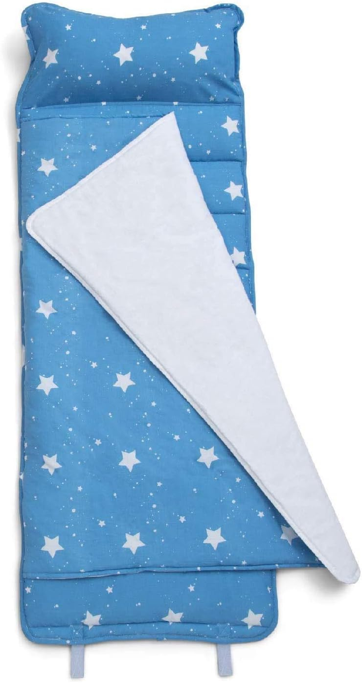 Delta Children Nap Mat with Included Pillow and Blanket for Toddlers and Kids | Features Carry Handle with Strap Closure | Rollup Design | Ideal for Preschool and Daycare, Deep Space