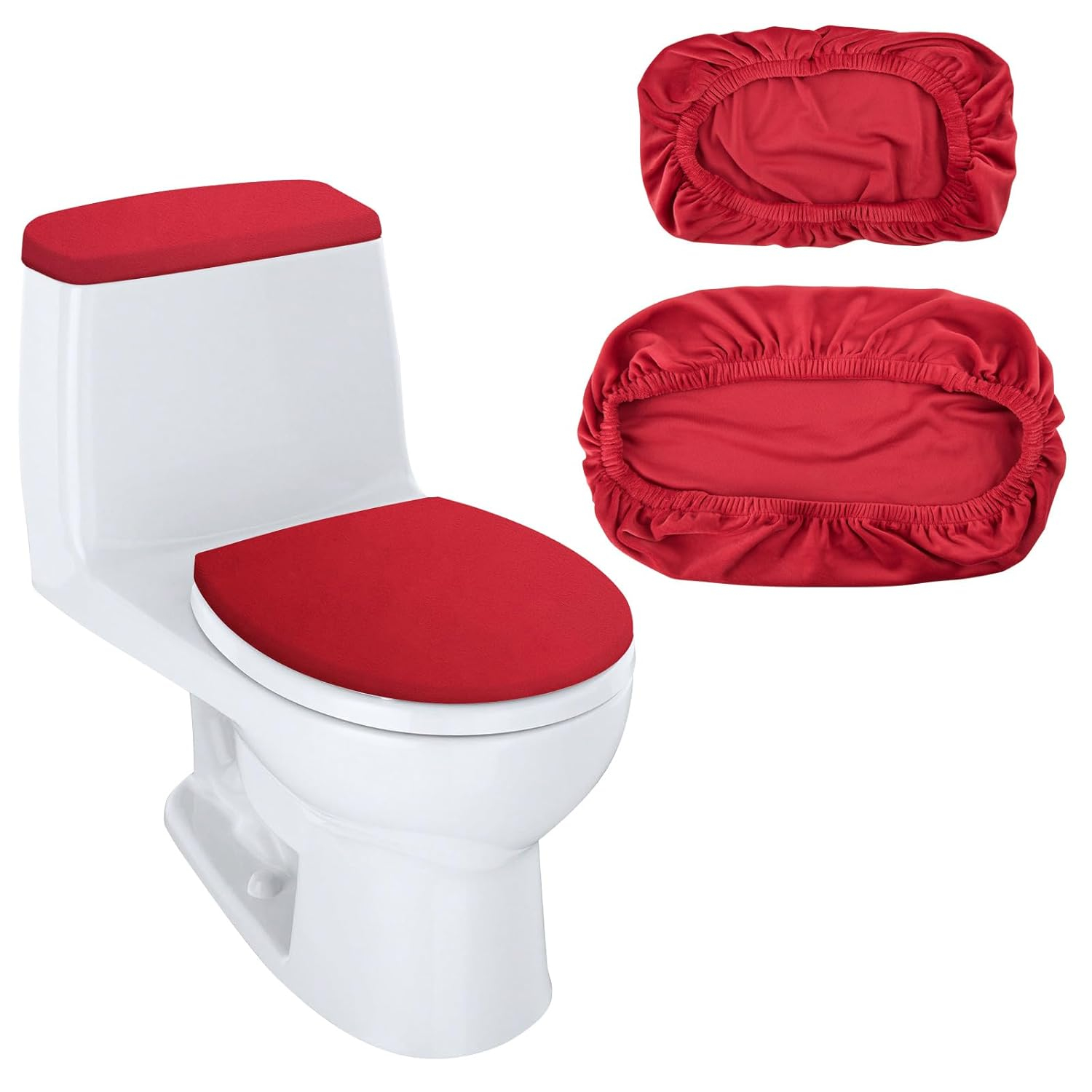Red Bathroom Toilet Lid Seat Cover Set,Polyester Fibre Toilet Lid Cover,Elastic Bottom Cover Set,Toilet Tank Lid Cover,Machine Wash Set