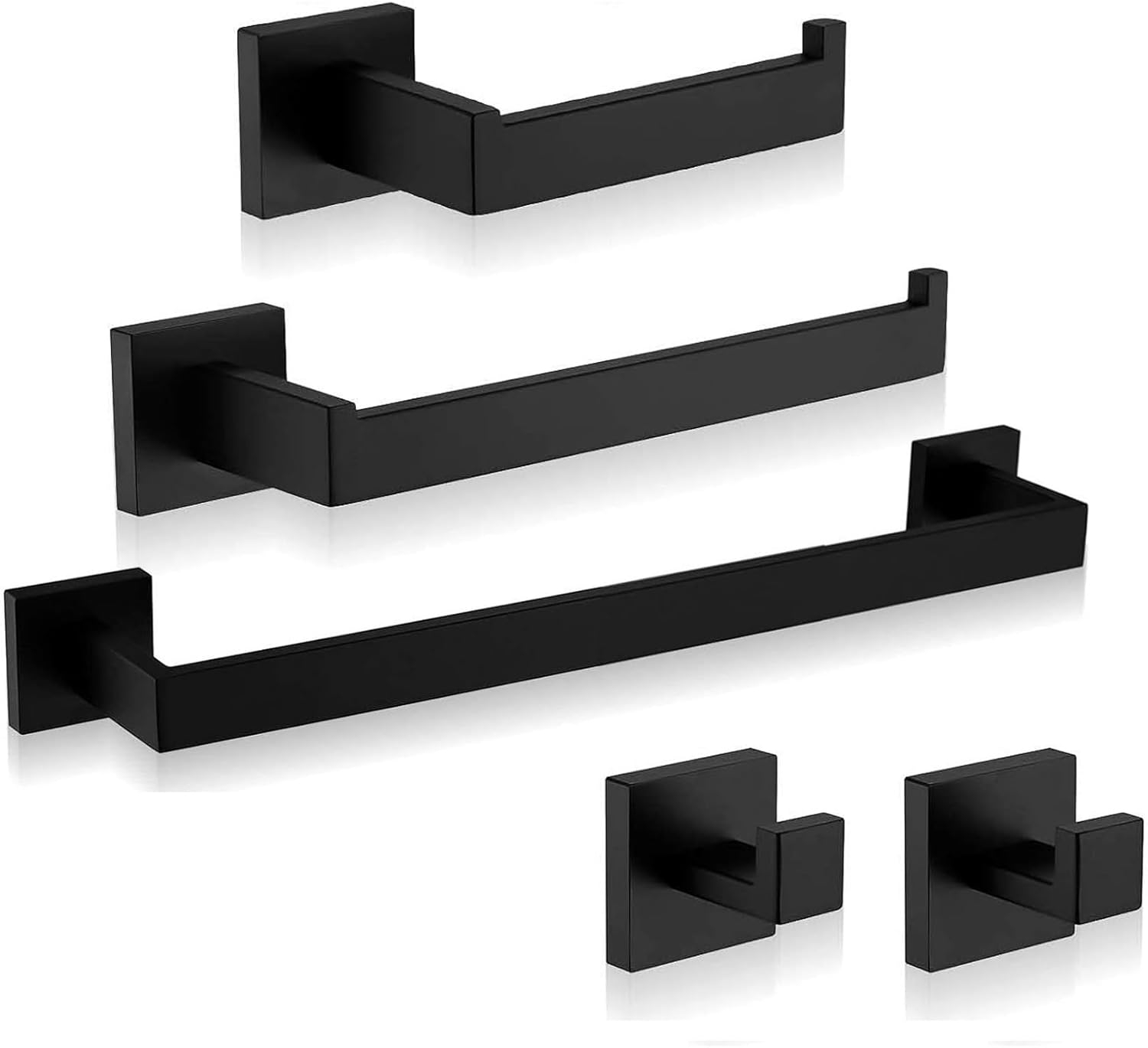 Bathroom Hardware Accessories Set Matte Black,5-Piece Black Towel Bar Set 16" Wall Mounted Towel Holder Stainless Steel-Includes Towel Bar,Robe Towel Hooks,Toilet Paper