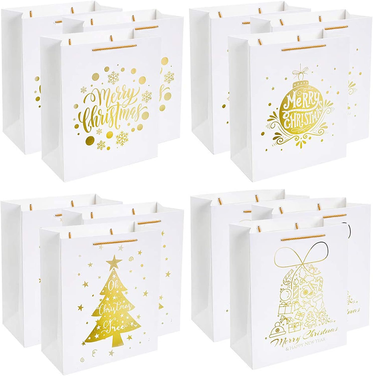 UNIQOOO 12Pcs Large White & Metallic Gold Foil Gift Bags, 4 Assorted Xmas Tree Snowflake Designs, Perfect for Christmas Thanksgiving New Year Party Favor