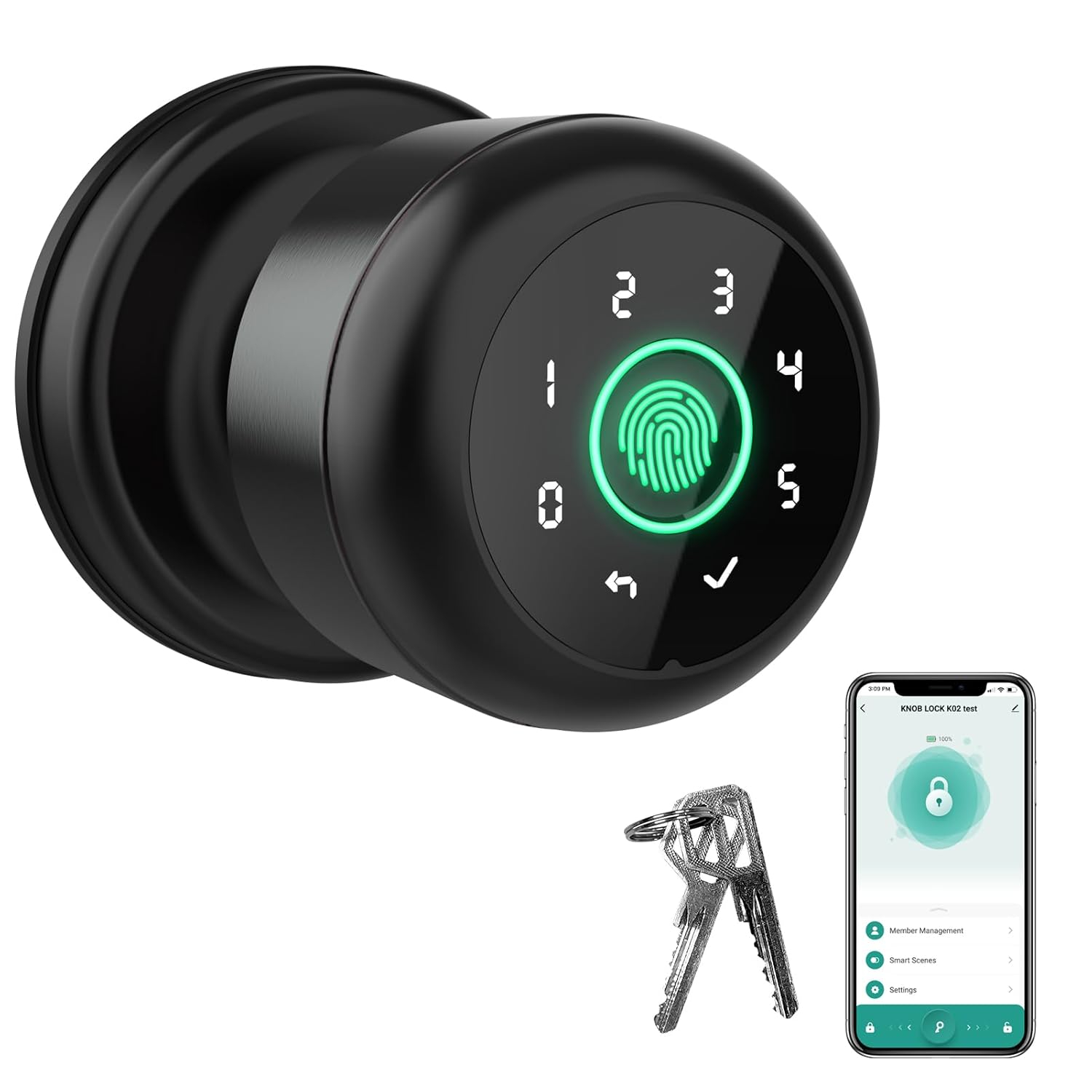 GHome 4 in 1 Smart Fingerprint Door Knob with Keypad Door Lock, Biometric Smart Door Knobs & App Control, Keyless Entry Door Lock Great for Home, Bedroom, Apartment Offices, Garages