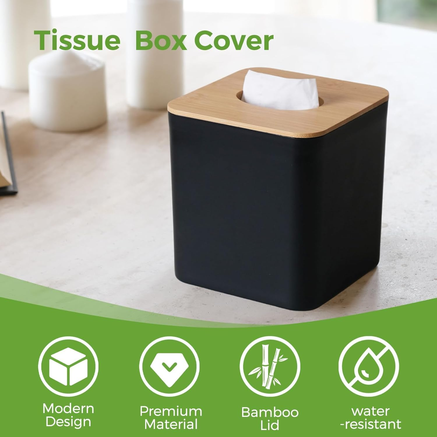 Tissue Box Cover Square, Black Tissue Box Holder with Bamboo Cover Plate, Cube Tissue Box Cover for Desk Accessories, Tissue Holders Decorative Square Tissue Box Tissue Holders for Bathrooms Bedrooms