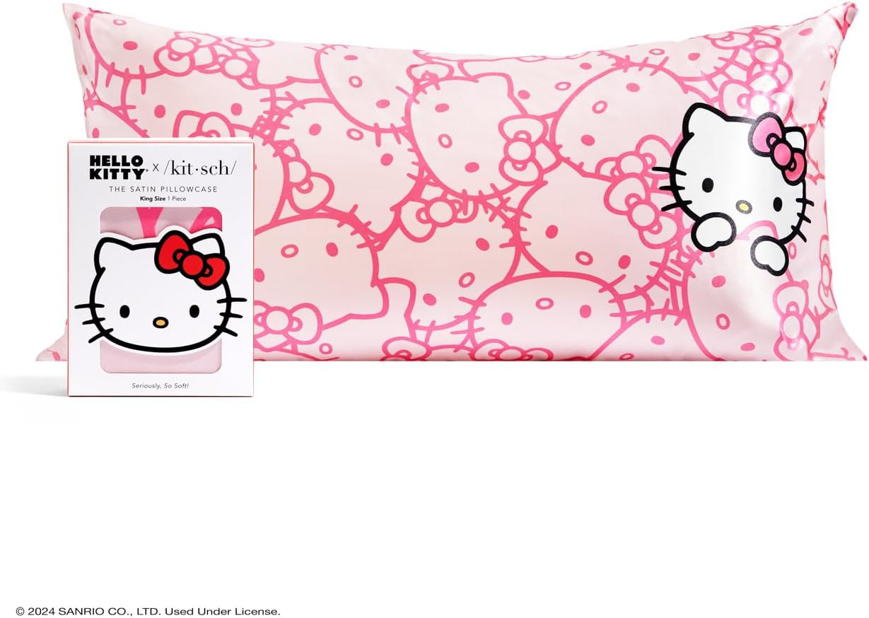 Kitsch x Hello Kitty (Pink Kitty Faces) - Satin Pillowcase with Zipper for Hair and Skin, Softer Than Silk, Smooth Cooling Pillow Covers, Machine Washable, King Size (19x36)