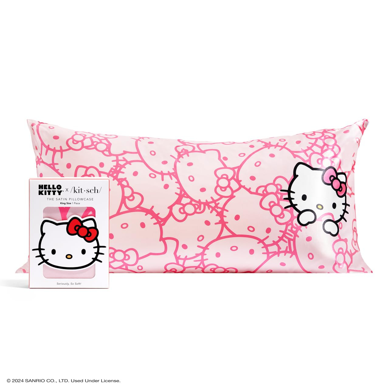 Kitsch x Hello Kitty (Pink Kitty Faces) - Satin Pillowcase with Zipper for Hair and Skin, Softer Than Silk, Smooth Cooling Pillow Covers, Machine Washable, King Size (19x36)