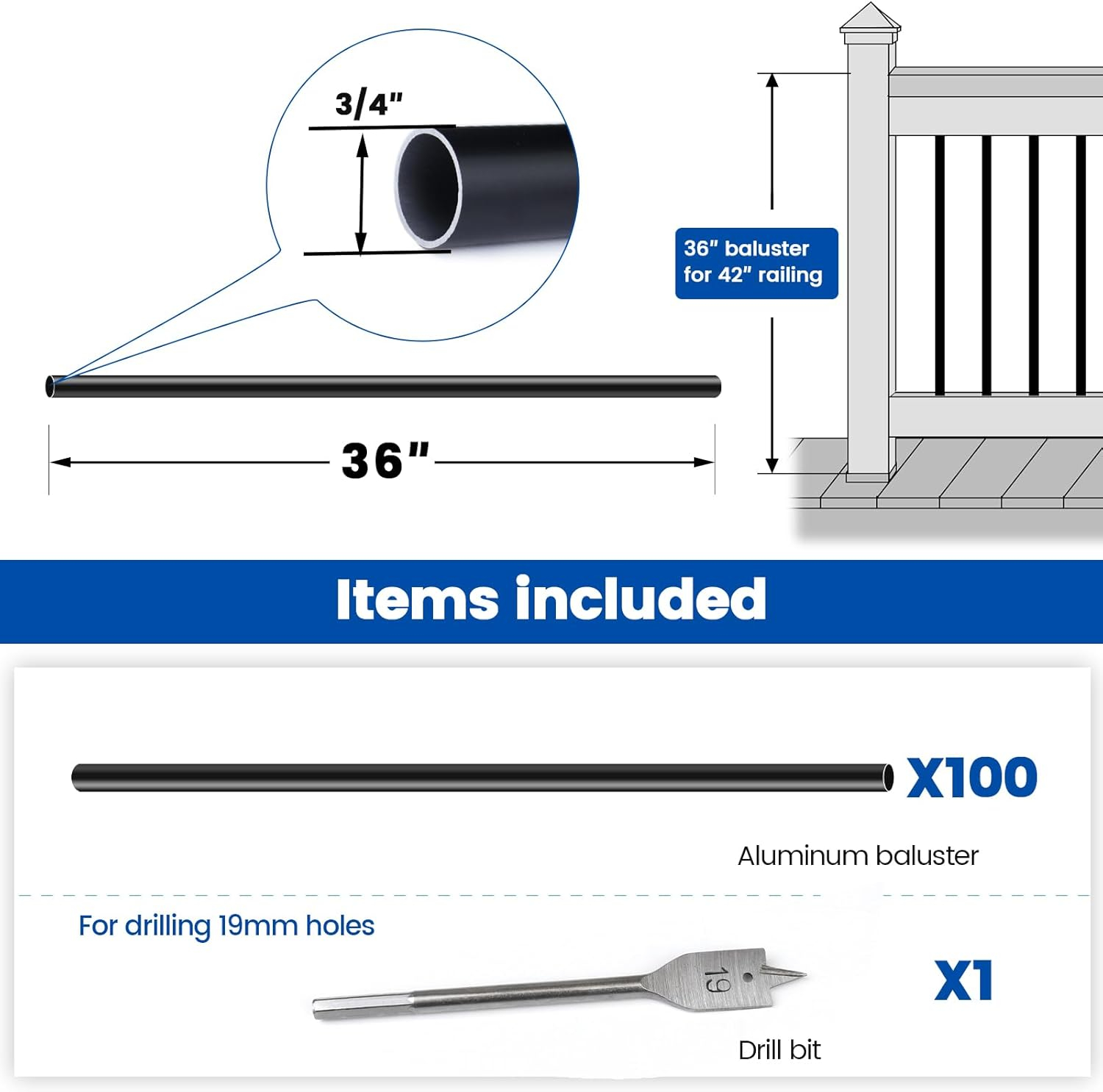 Muzata 100Pack 36" Aluminum Deck Balusters Round Black Deck Railing Stair Porch Staircase Spindles 3/4" Diameter Hollow for Railing Fencing Porch Stair WT01