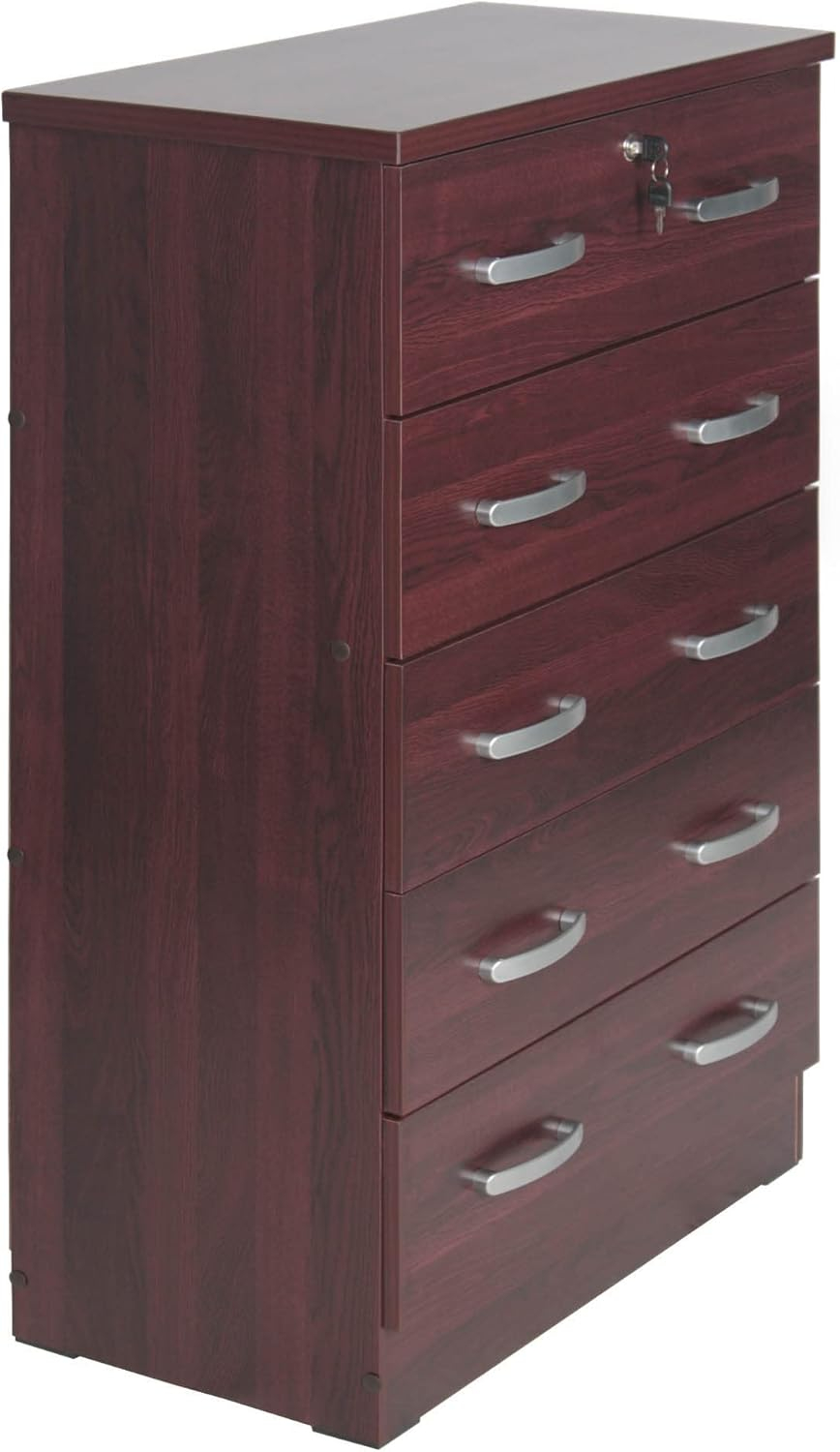 44 x 29 x 16 in. Cindy 5 Drawer Chest Wooden Dresser with Lock, Mahogany