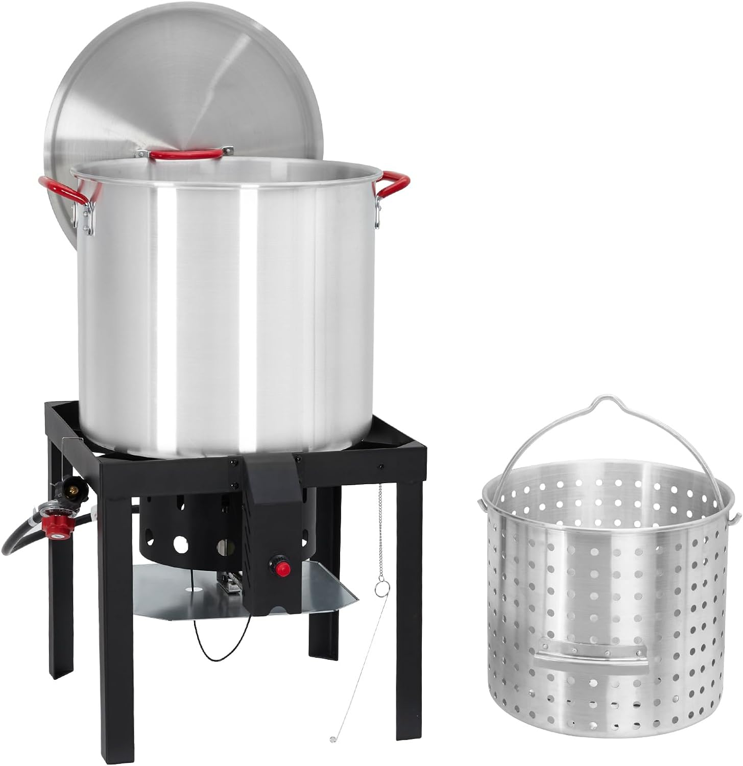 TROPOW 100 Qt Seafood Boil Pot,ACONEE Aluminum Crawfish Boiler w/Steam/Boil Basket & Strainer,110000 BTU Propane Stove Burner with Lifting Hook,10 PSI Regulator,Outdoor Cooking Shrimp Crab Boiler
