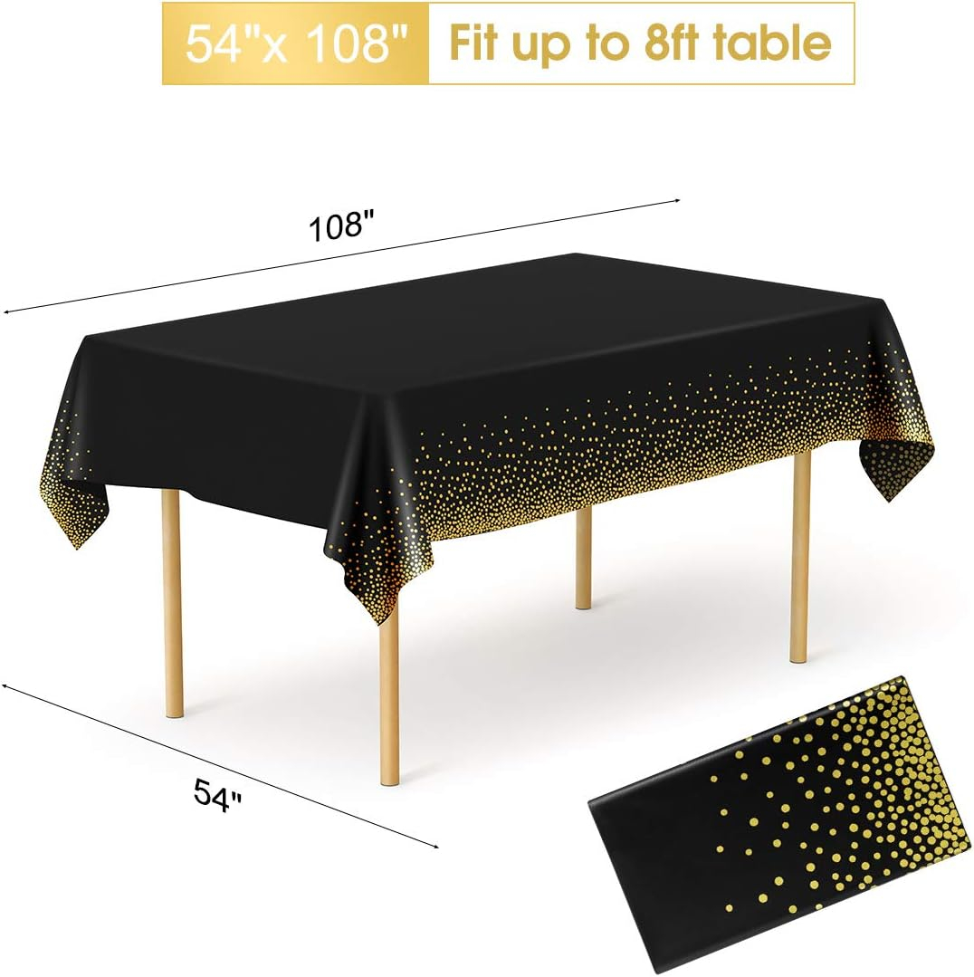 HOMIX Black and Gold Plastic Tablecloths for Rectangle Tables, 6 Pack Disposable Party Table Cloths, Gold Dot Table Covers with 30 Balloons for Birthday, Graduation, Cocktail Parties 54" x 108"