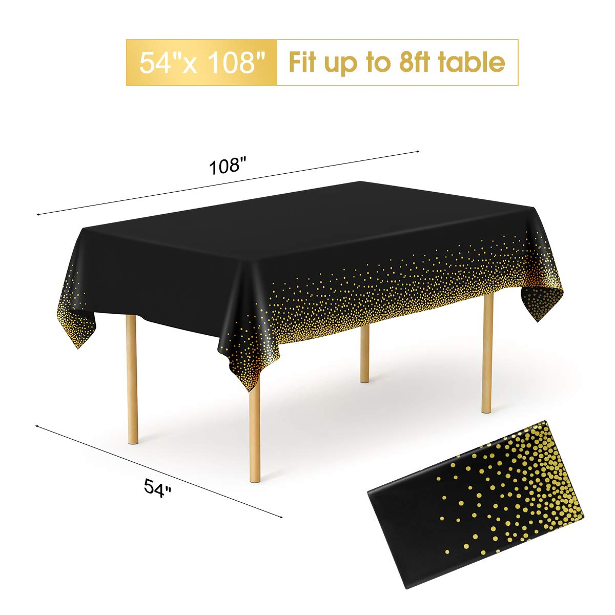 HOMIX Black and Gold Plastic Tablecloths for Rectangle Tables, 6 Pack Disposable Party Table Cloths, Gold Dot Table Covers with 30 Balloons for Birthday, Graduation, Cocktail Parties 54" x 108"