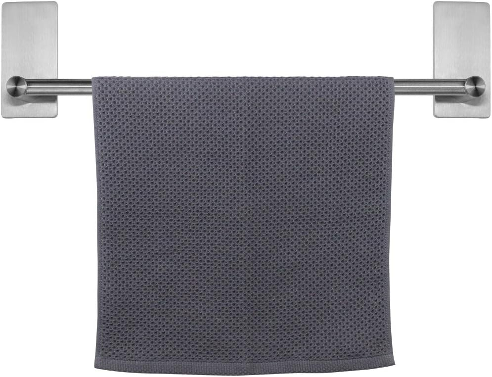 NearMoon Self Adhesive Bathroom Towel Bar- Stainless Steel Bath Wall Shelf Rack Hanging Towel Stick On Sticky Hanger Contemporary Style, NO Drilling (1 Pack, Brushed Nickel, 16-Inch Towel Rack)
