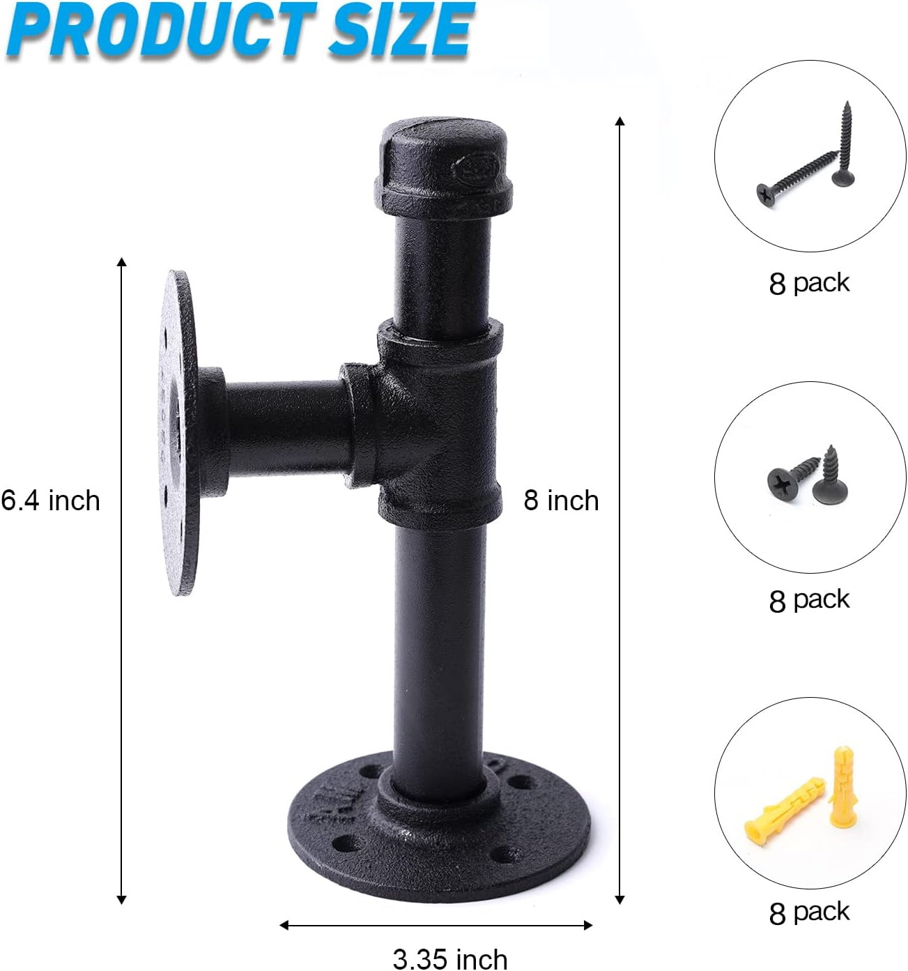 3/4" Industrial Pipe Shelf Brackets, Black Iron Wall Mounted DIY Shelving Brackets Hanging Custom Pipe Brackets for Floating Shelves (2, 8 Inch)