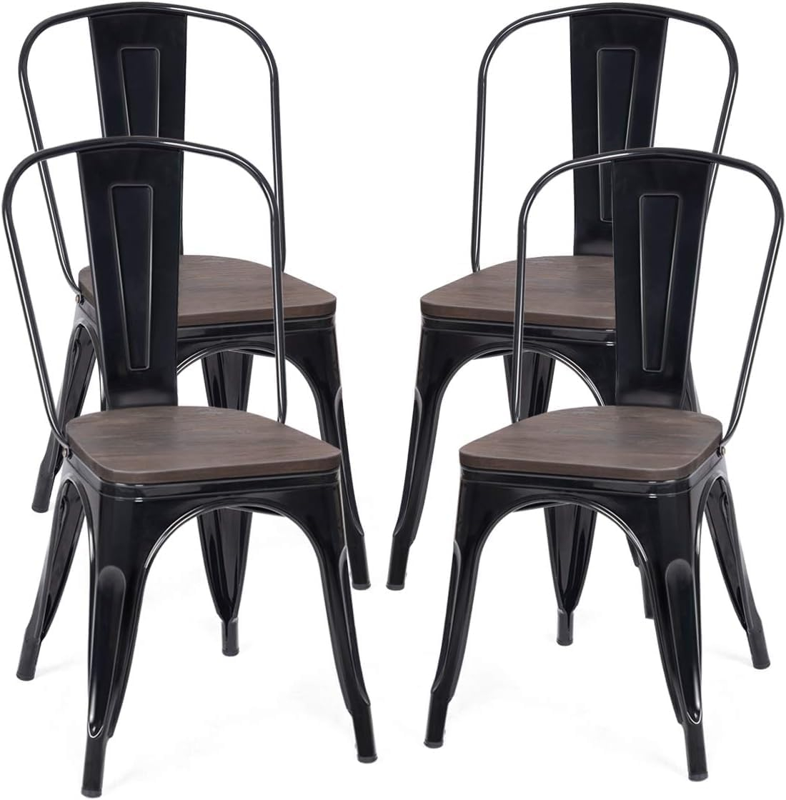 LUARANE 18 Inch Dining Chair Set of 4, Vintage Industrial Stackable Counter Metal Bar Chairs, w/High Backrest Wood Seat Surface, for Home Kitchen Cafe Bar Use (Black)