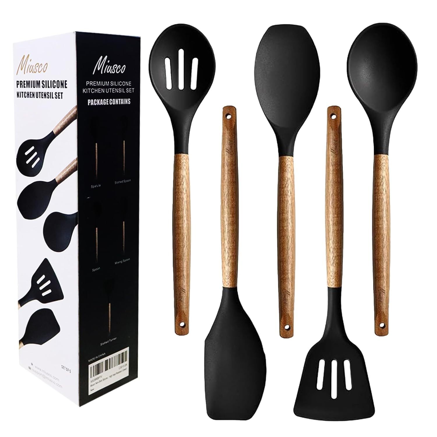 Kitchen Utensils Set, Silicone Cooking Utensils Set,Non-Stick Silicone Spatula Set with Natural Acacia Hard Wood Handle, 5 Piece, Upgraded Thickened Cookware