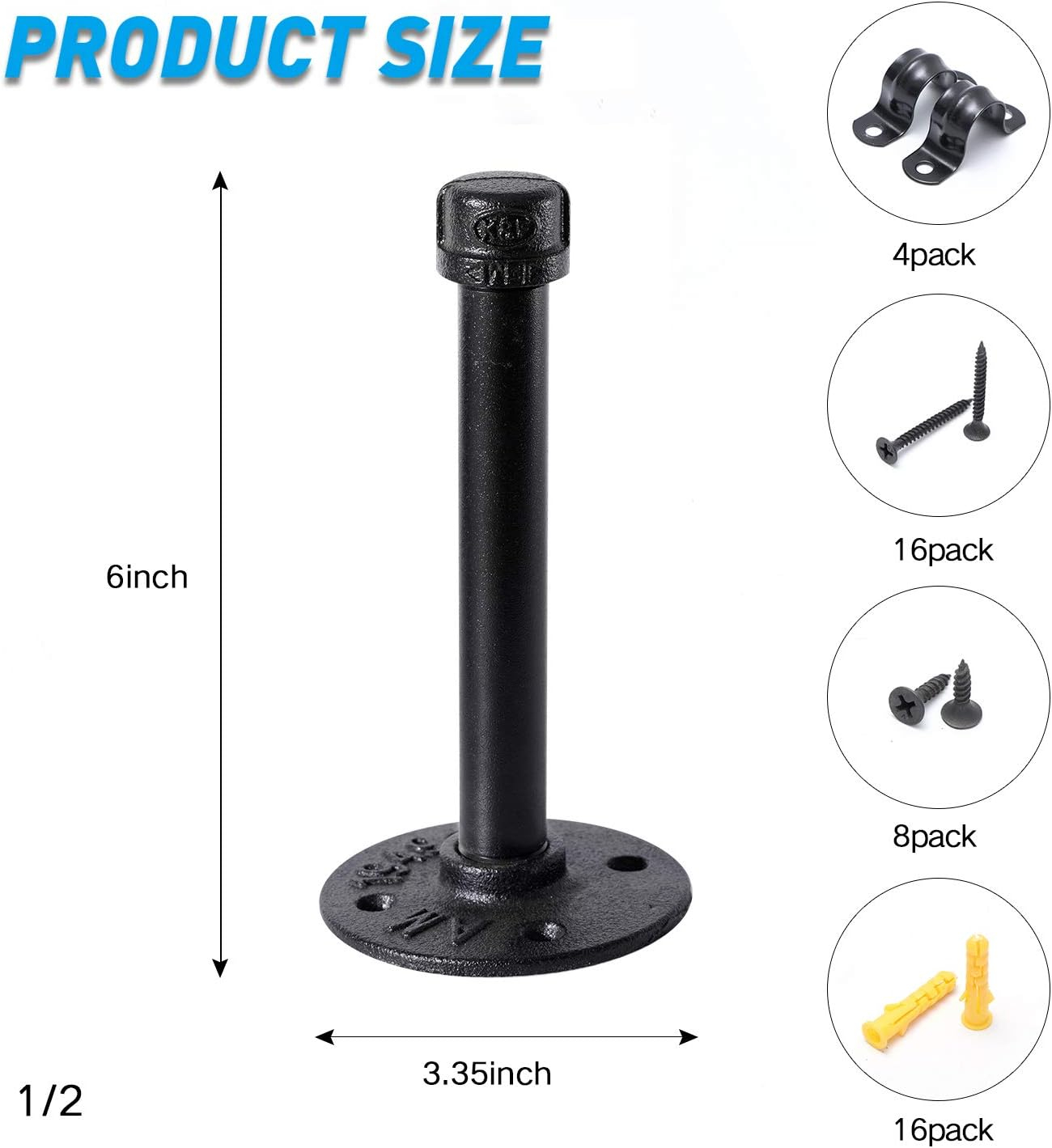 1/2" Industrial Black Iron Pipe Shelf Brackets, Rustic Wall Mounted DIY Shelving Brackets Hanging Custom Pipe Brackets for Floating Shelves (4, 6")
