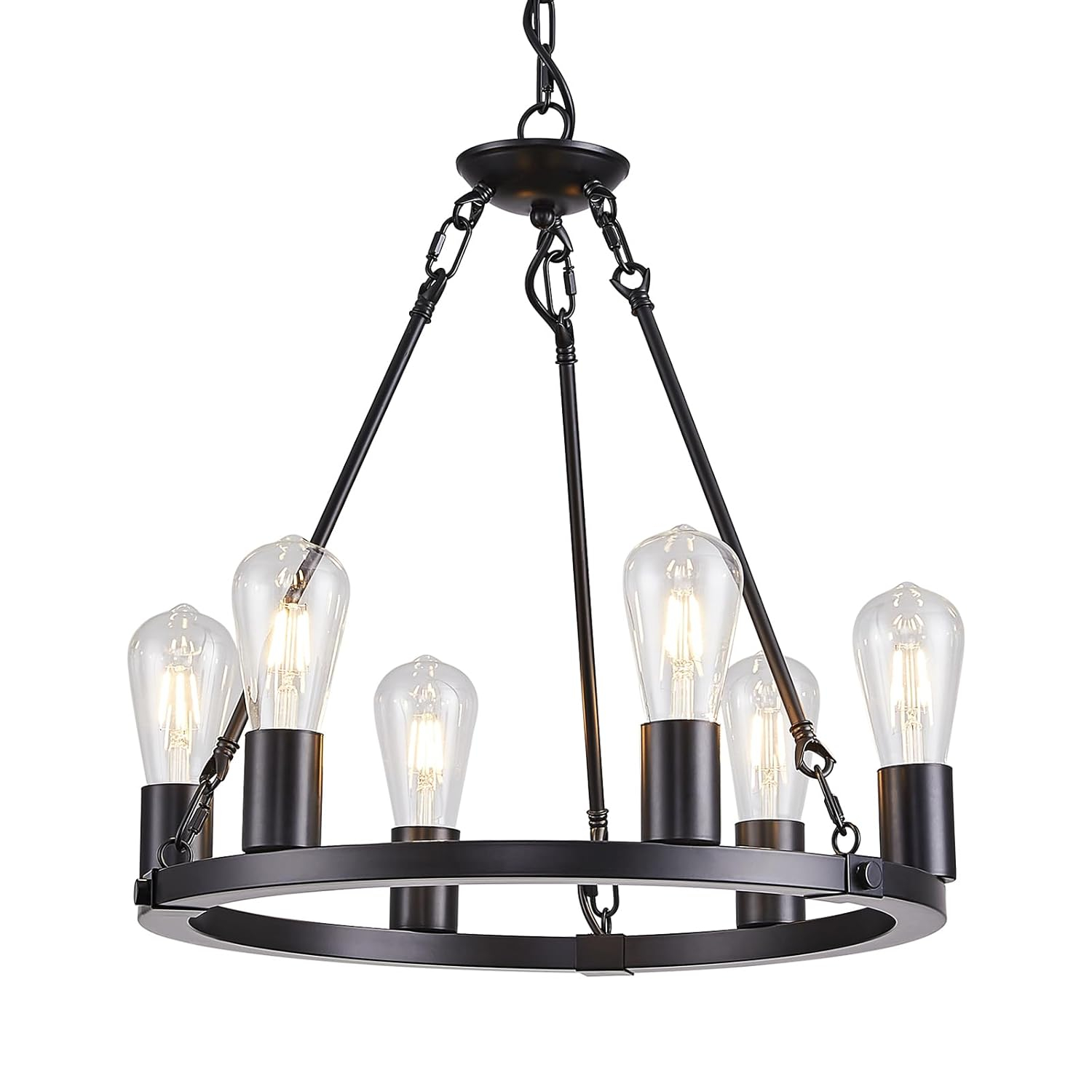 Farmhouse 6 Lights Black Wagon Wheel Chandelier,Modern Vintage Round Pendant Light Fixture for Dining Room,Living Room, Entryway Foyer Kitchen Island, E26