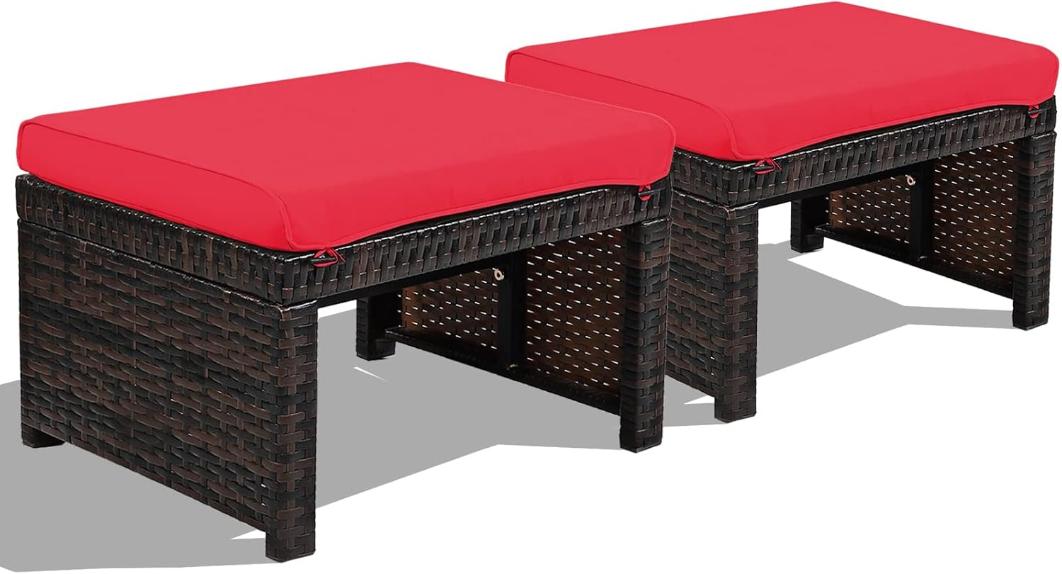 HAPPYGRILL 2 Piece Outdoor Wicker Ottomans, Patio Rattan Footstool with Cushions, Solid Steel Frame, Multifunctional Ottomans for Poolside Backyard Balcony