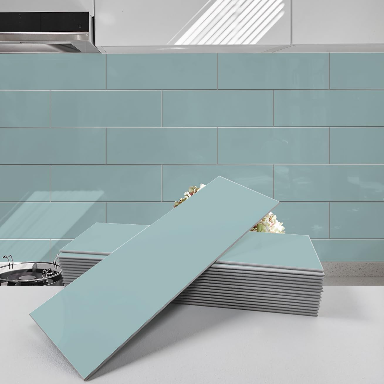 Avant Decor | 24 Stone Composite Subway Texture Tiles | Peel and Stick Kitchen Backsplash | 4" x 12" | Bex Metro Glossy Alpine | 8 sqft