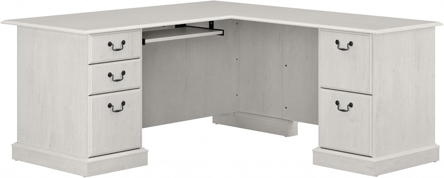 Bush Furniture Saratoga L Shaped Computer Desk with Drawers in Linen White