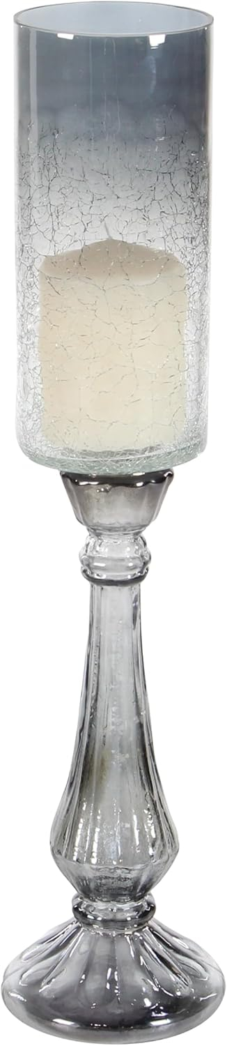 DecMode Silver Glass Handmade Turned Style Pillar Hurricane Lamp with Faux Mercury Glass Finish