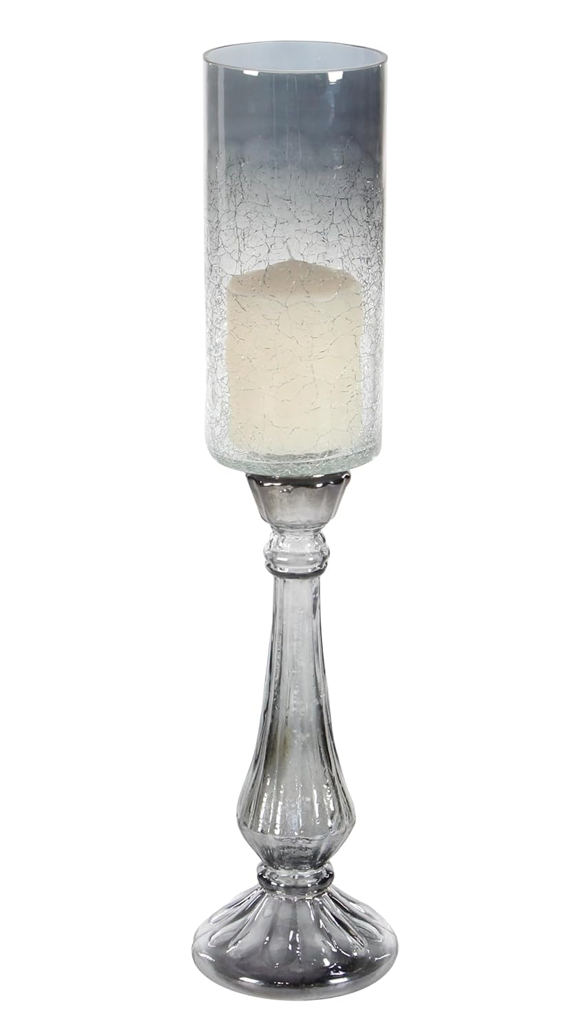 DecMode Silver Glass Handmade Turned Style Pillar Hurricane Lamp with Faux Mercury Glass Finish