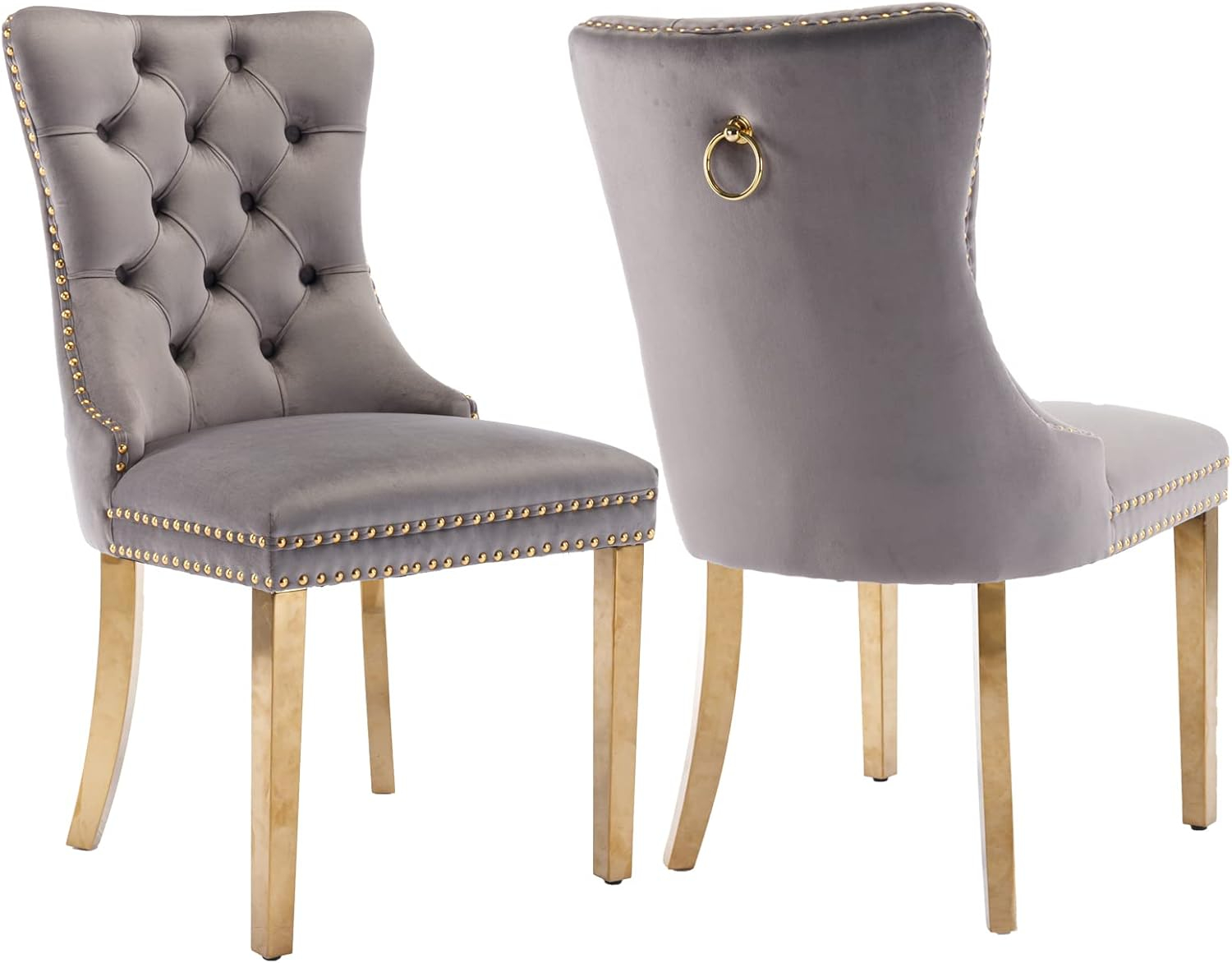 Grey Velvet Dining Chairs Set of 2, Upholstered Dining Room Chairs with Back Ring Pull Trim and Golden Stainless Steel Legs,Modern Kitchen Chairs for Dining Room,Living Room,Kitchen(Grey)