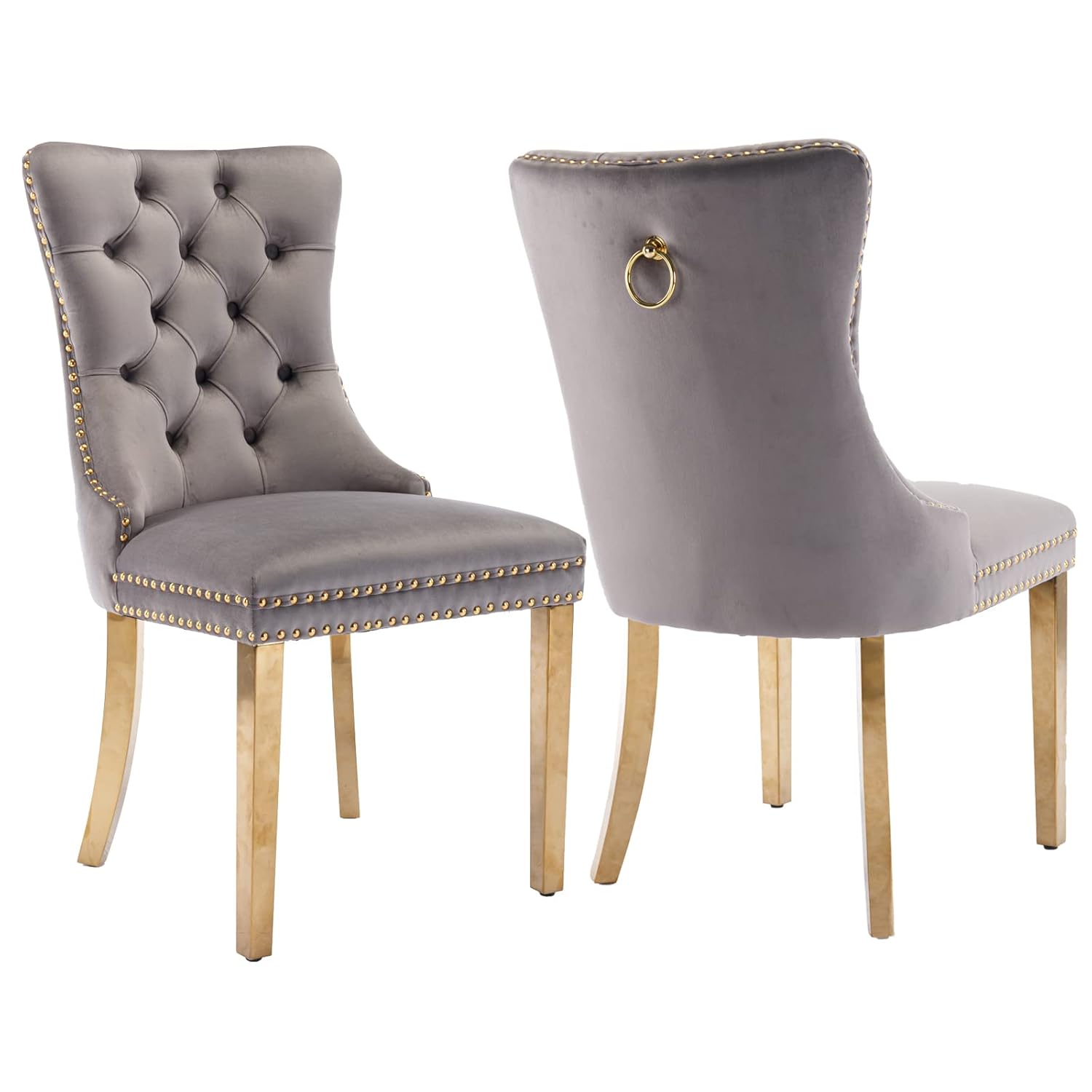 Grey Velvet Dining Chairs Set of 2, Upholstered Dining Room Chairs with Back Ring Pull Trim and Golden Stainless Steel Legs,Modern Kitchen Chairs for Dining Room,Living Room,Kitchen(Grey)
