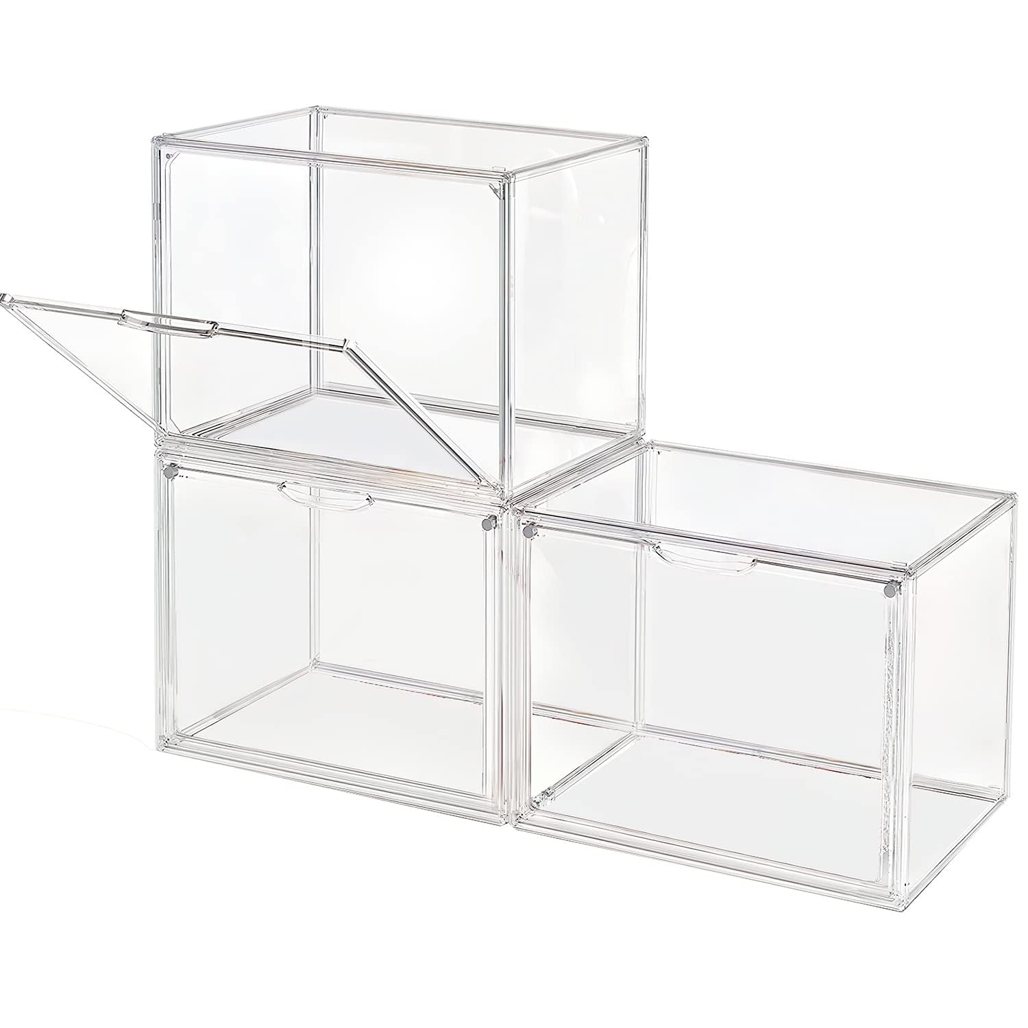 Clear Stackable Plastic Storage Bins with Magnetic Lid, Dustproof Book & Cosmetic Display Cases, Large Figures Collectibles Showcase, Shoe Box, Protection Organizer (Transparent, L-3 Pack)