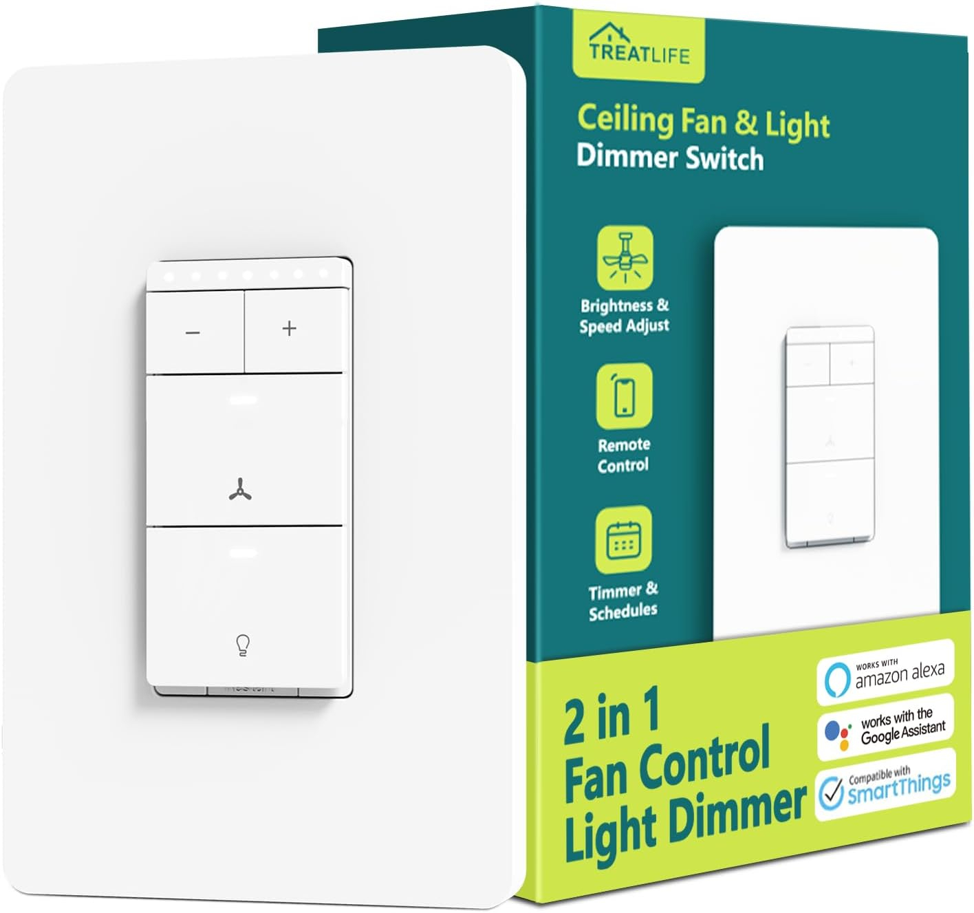 TREATLIFE Smart Ceiling Fan Control and Dimmer Light Switch, 2.4GHz WiFi Only, Neutral Wire Required, Single Pole Fan & Light Switch Combo, Works with Alexa, Google Home & SmartThings, Remote Control