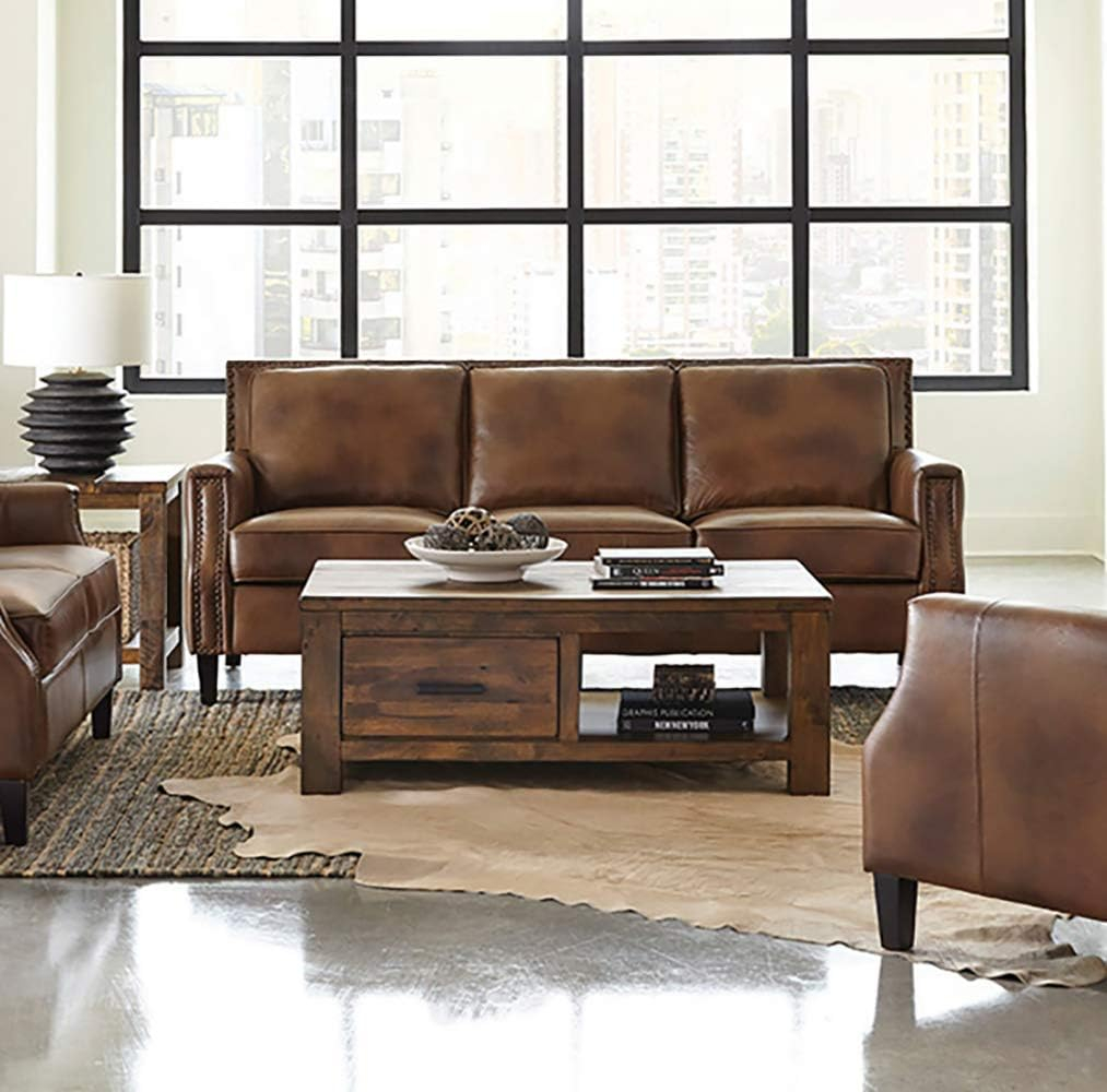 Coaster 3-Piece Farmhouse Upholstered Recessed Arms Leather Sofa Set in Brown