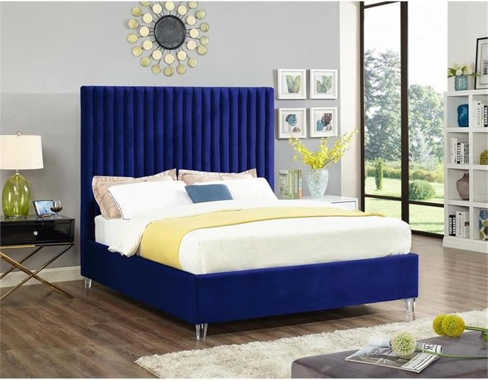 Meridian Furniture Candace Solid Wood Tufted Velvet King Bed in Navy