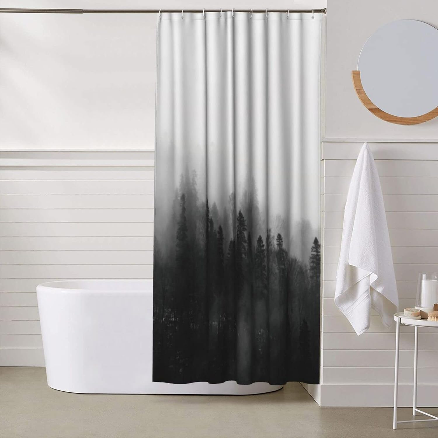 Black and White Fabric Shower Curtain for Bathroom with 12 Hooks, Nature Forest Tree Mountain Bath Shower Curtain Set for Hotel Home Men Women - 72 x 72 Inch