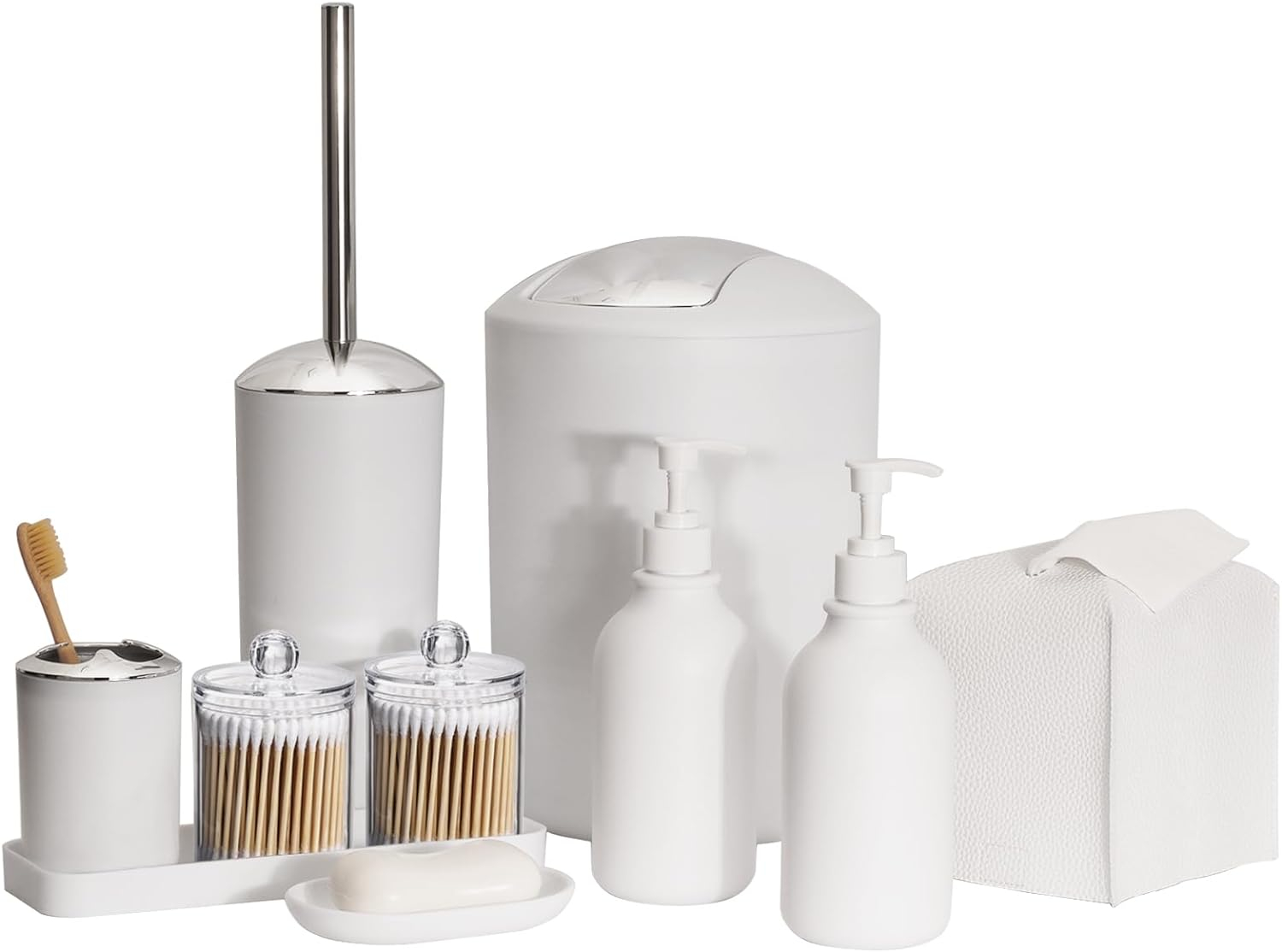 Bathroom Accessory Set - 10 PCS White Bathroom Accessories Sets Complete with Trash Can, Toothbrush Holder, Soap Dispenser, Soap Dish, Toilet Brush & Holder, Vanity Tray, Qtip Holder, Tissue Box Cover